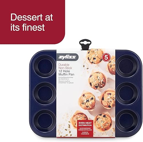 Miniatura 2 de Zyliss E980200 - Lata antiadherente para magdalenas de 12 agujeros, acero al carbono, azul oscuro, moldes para hornear, pudines de Yorkshire, mini