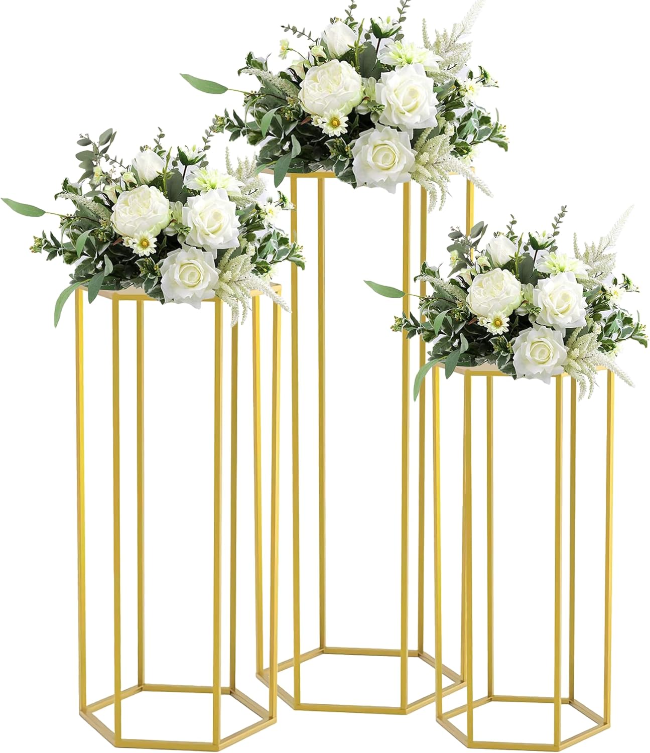 Hexagon Metal Cylinder Pedestal Stands for Party - 3Pcs Nesting Display Cylinder Tables for Parties, Weddings, Living Room Furniture, Patio Decor, Gold Party Pillar Cake Stands for Any Event