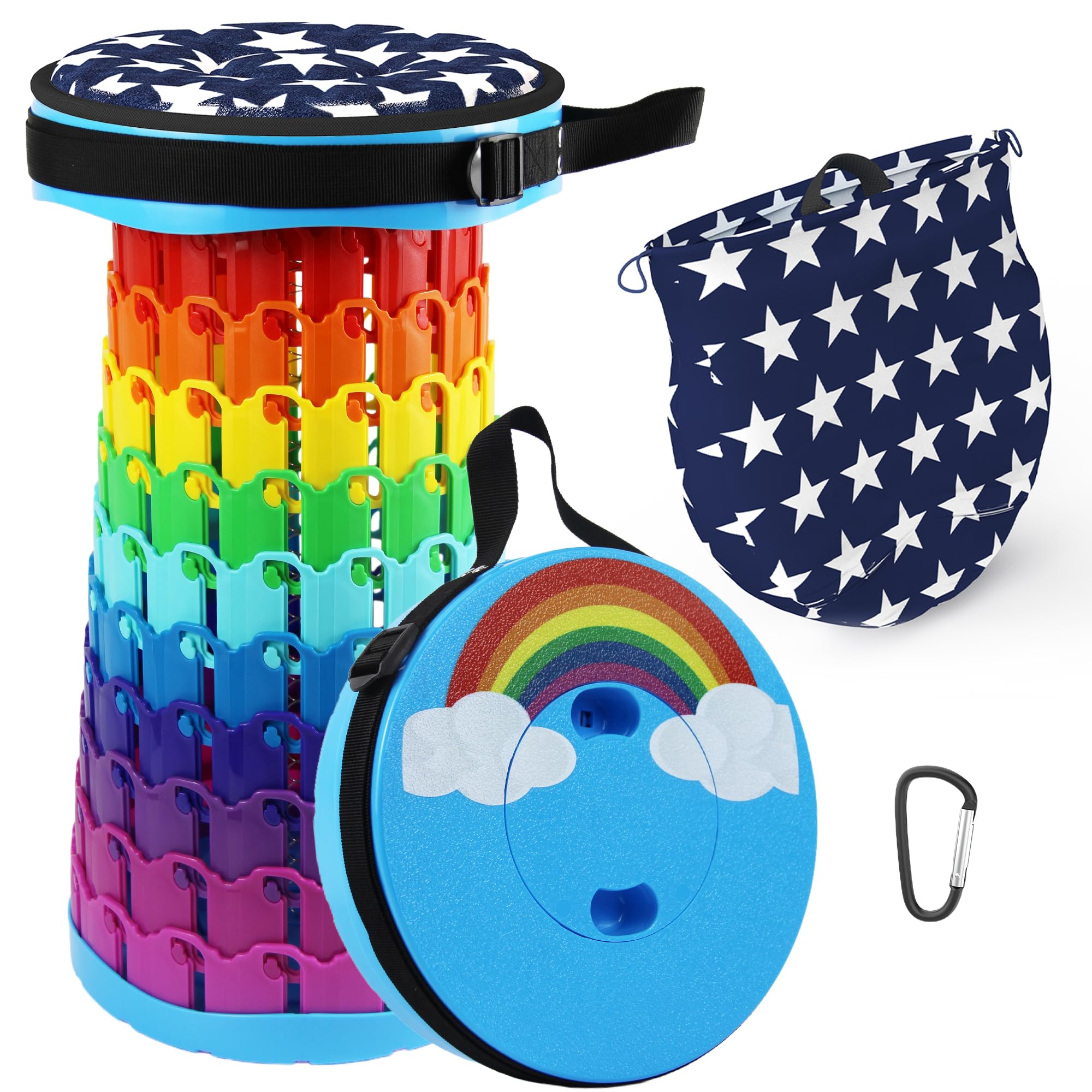 ALEVMOOM Sgabello Pieghevole Portatile con Cuscino,Sgabello da Campeggio per Adulti,Sgabello da Campeggio Telescopico Sgabello Pieghevole per Pesca BBQ Interni Attività (Le Nuvole Arcobaleno)