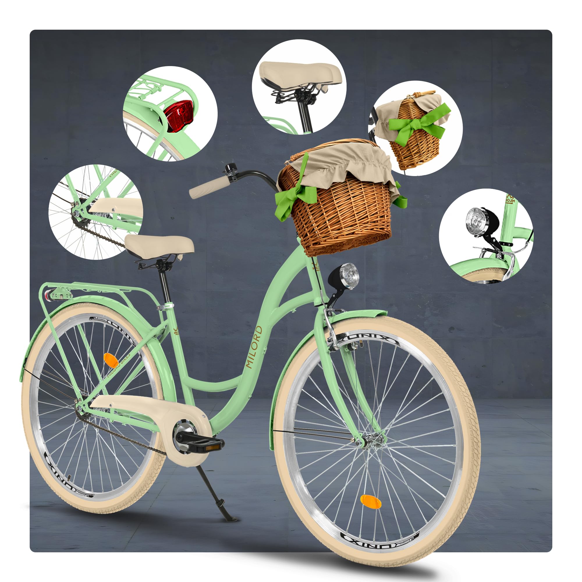 MILORD Bicicletta da donna City Bike Comfort con cestino in vimini vintage bicicletta 26,28 pollici, 1 marcia