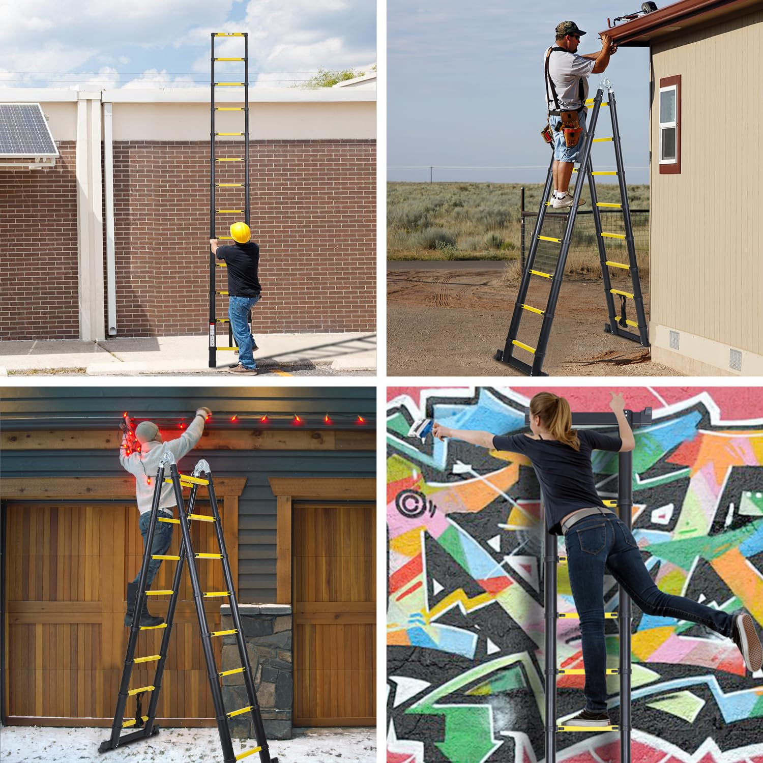 Fiqops Telescopische ladder, vouwladder, aluminium, multifunctionele ladder, draagbaar, maximale belasting 150 kg, antislip, zwart/geel
