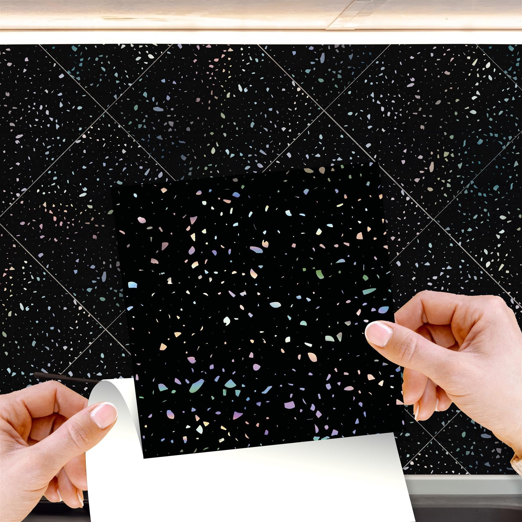 Walplus Terrazzo Holographic Glitter Black Glitter Black Tile Stickers 15Cm X 15Cm (6") Peel And Stick Backsplash Removable Self Adhesive Stick On Tiles Kitchen Splashbacks Transfers Stairs Holographic Home Decors 24 Pcs