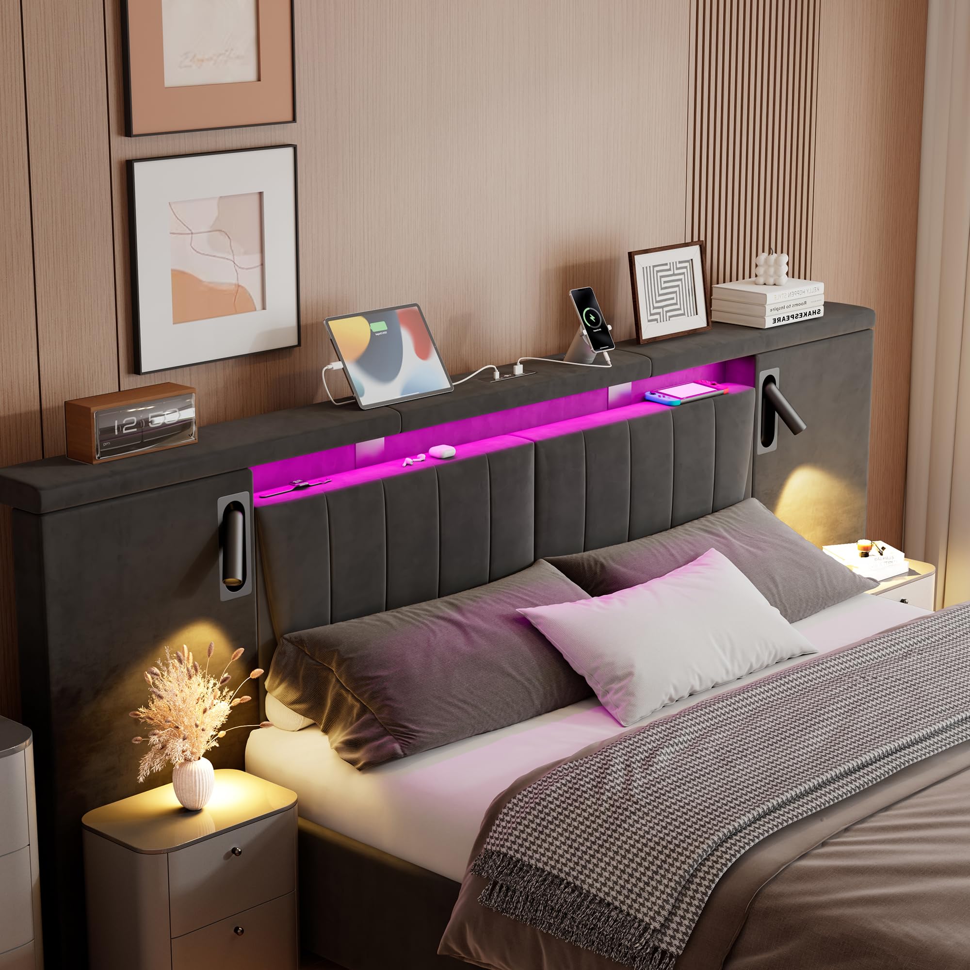 Letto Matrimoniale 180x200 con LED Testiera larga, Letto Contenitore Matrimoniale con porta USB e Lampada, Struttura Letto Matrimoniale Imbottito 180x200, Senza Materasso, Velluto Grigio
