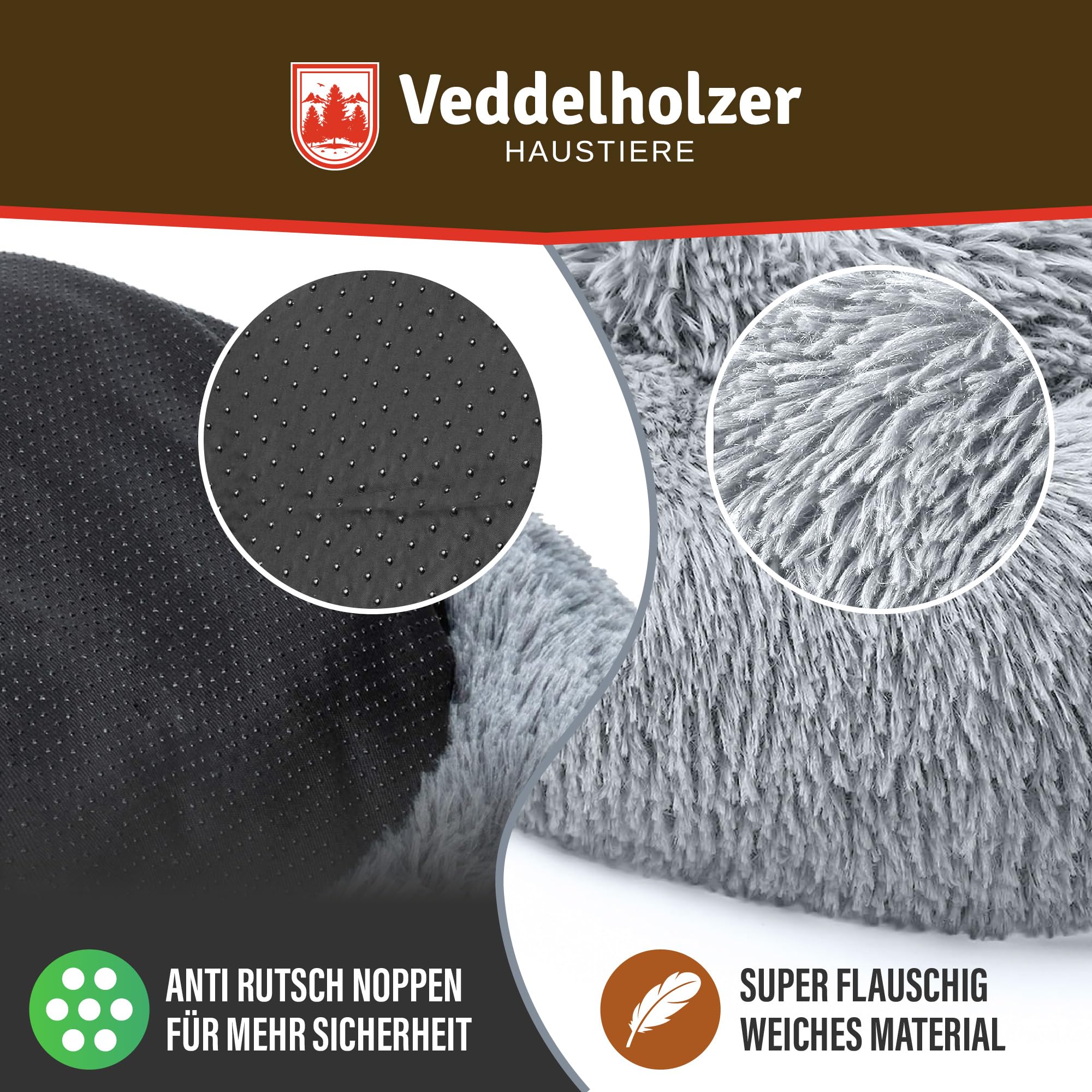 Veddelholzer Ø 100 cm (XL) Hellgrau Hundebett Katzenbett Hundekissen Hundebetten in mehreren Größen Hundebett große mittelgroße kleine Hunde waschbar in hellgrau und dunkelgrau für alle Hunde & Katzen