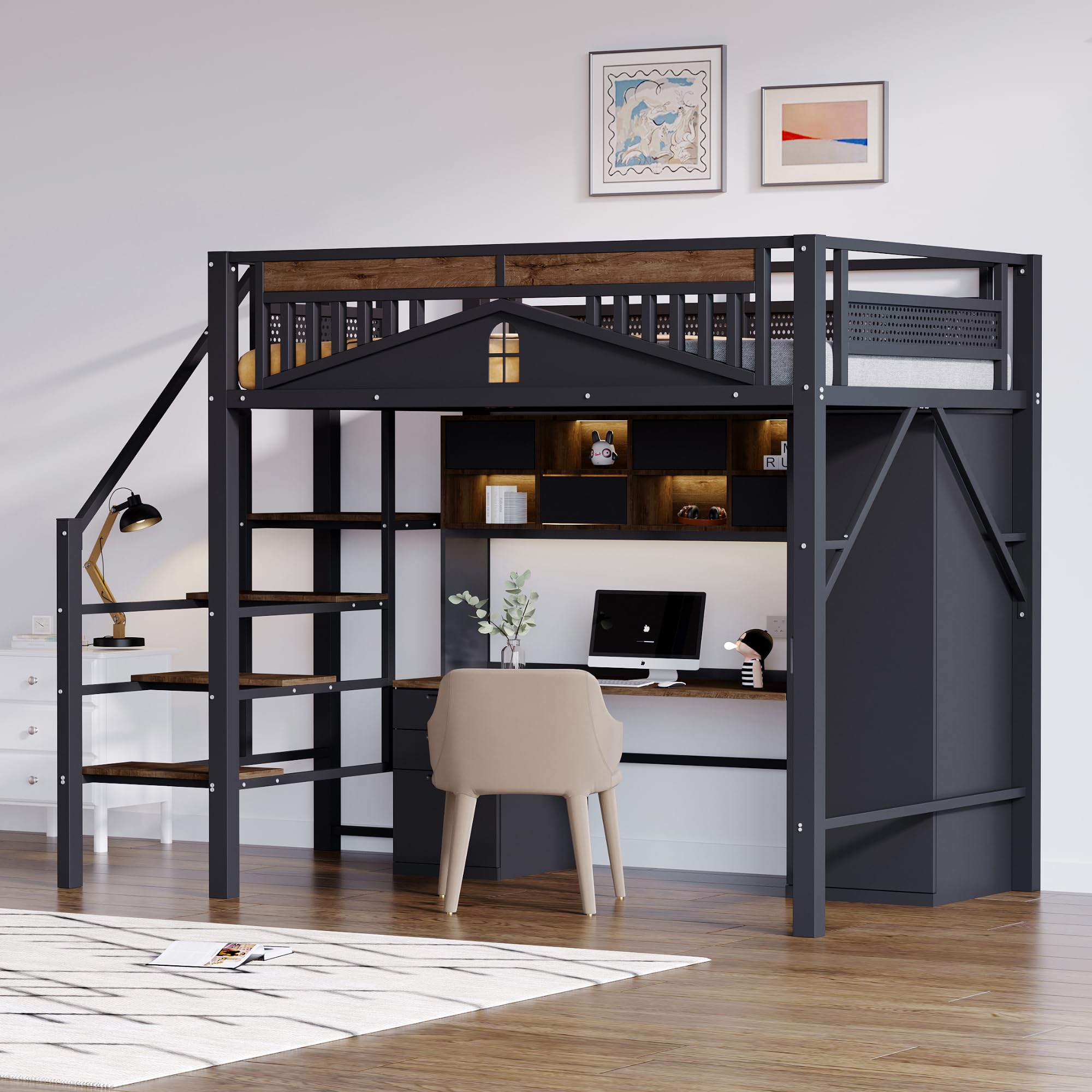 SACOOL Cama alta de metal de 140 x 200 cm, forma de carcasa única con diseño de ventana, con escalera de seguridad, mucho espacio debajo de la cama, color negro