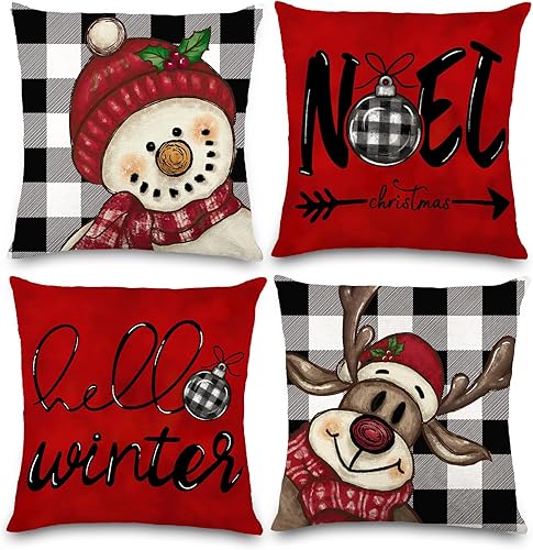 Fundas de almohada navideñas de 18 x 18 pulgadas, diseño de muñeco de nieve, ciervo, rojo, para decoración de interiores, hogar, dormitorio, sofá,