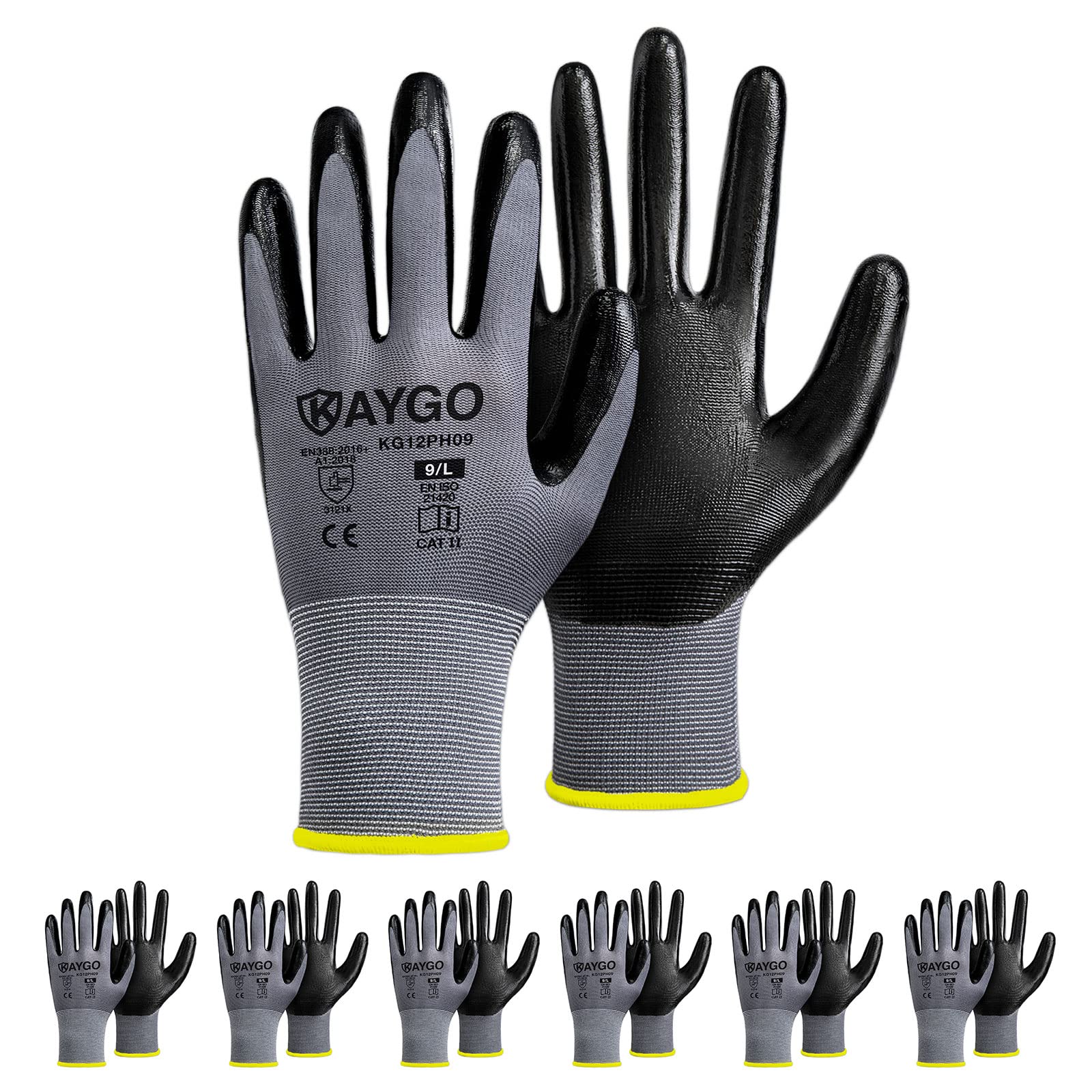 KAYGOWork Gloves Nitrile Coated, 6 Pairs KG12N, Safety Work Gloves with Good Grip for Men Women, Ideal for General Purpose