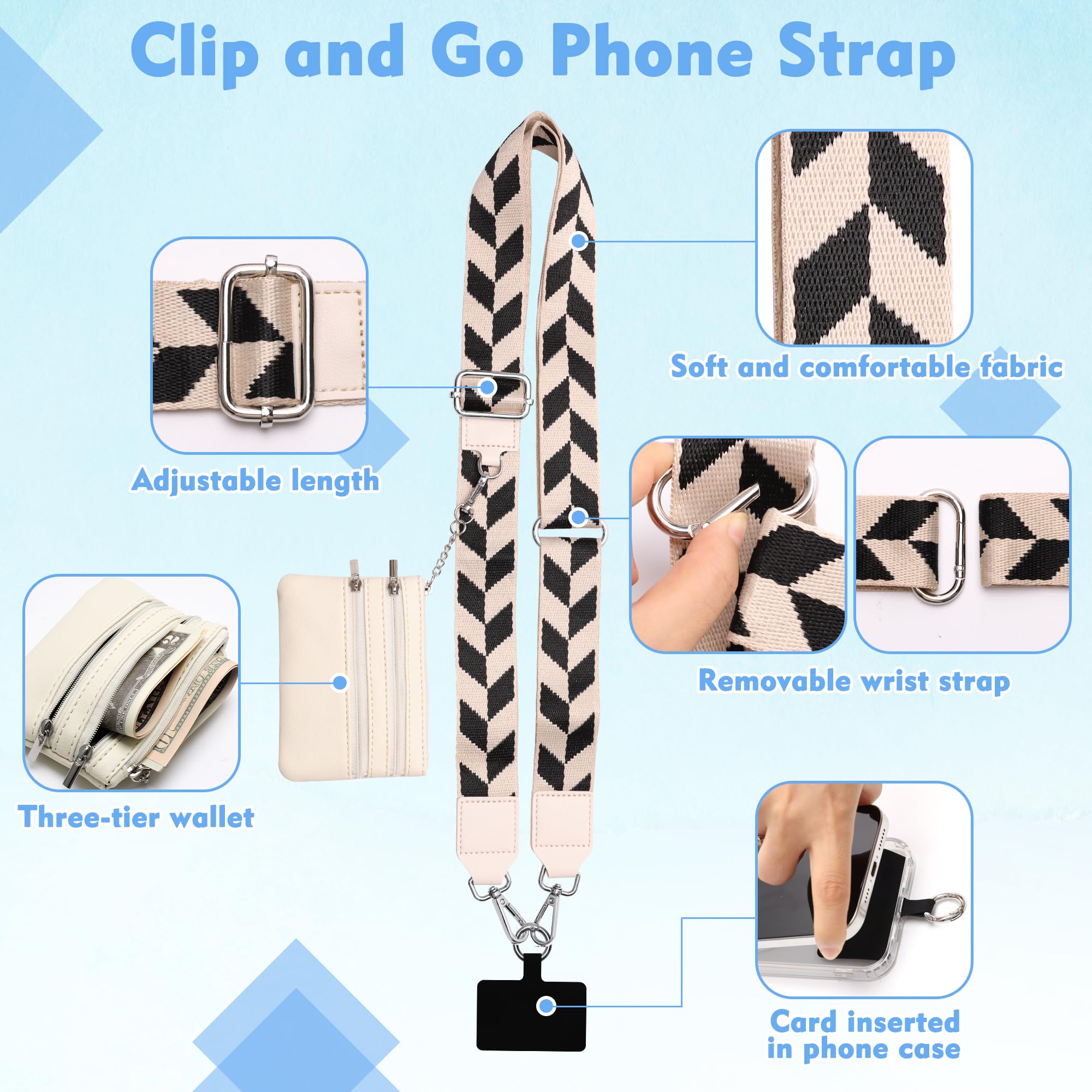 4 cinghie clip and go per telefono con tracolla a portafoglio, elegante cordino per cellulare con custodia con cerniera, tracolla regolabile con 4 motivi per tutti i telefoni