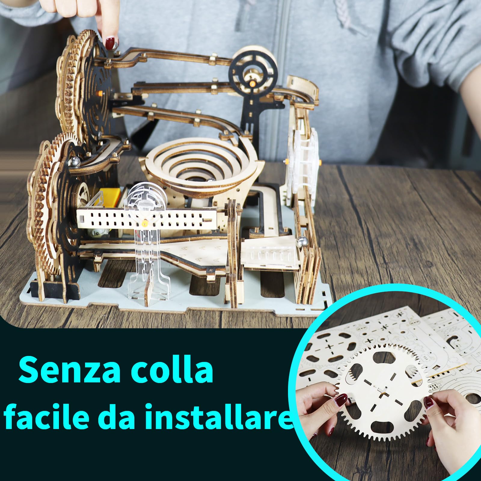 Kit Puzzle 3D in Legno Adulti Pista Biglie Ascensore Motorizzato Doppia Spirale Gravità Montaggio Manuale Rompicapo Regalo Compleanno Natale Adulti