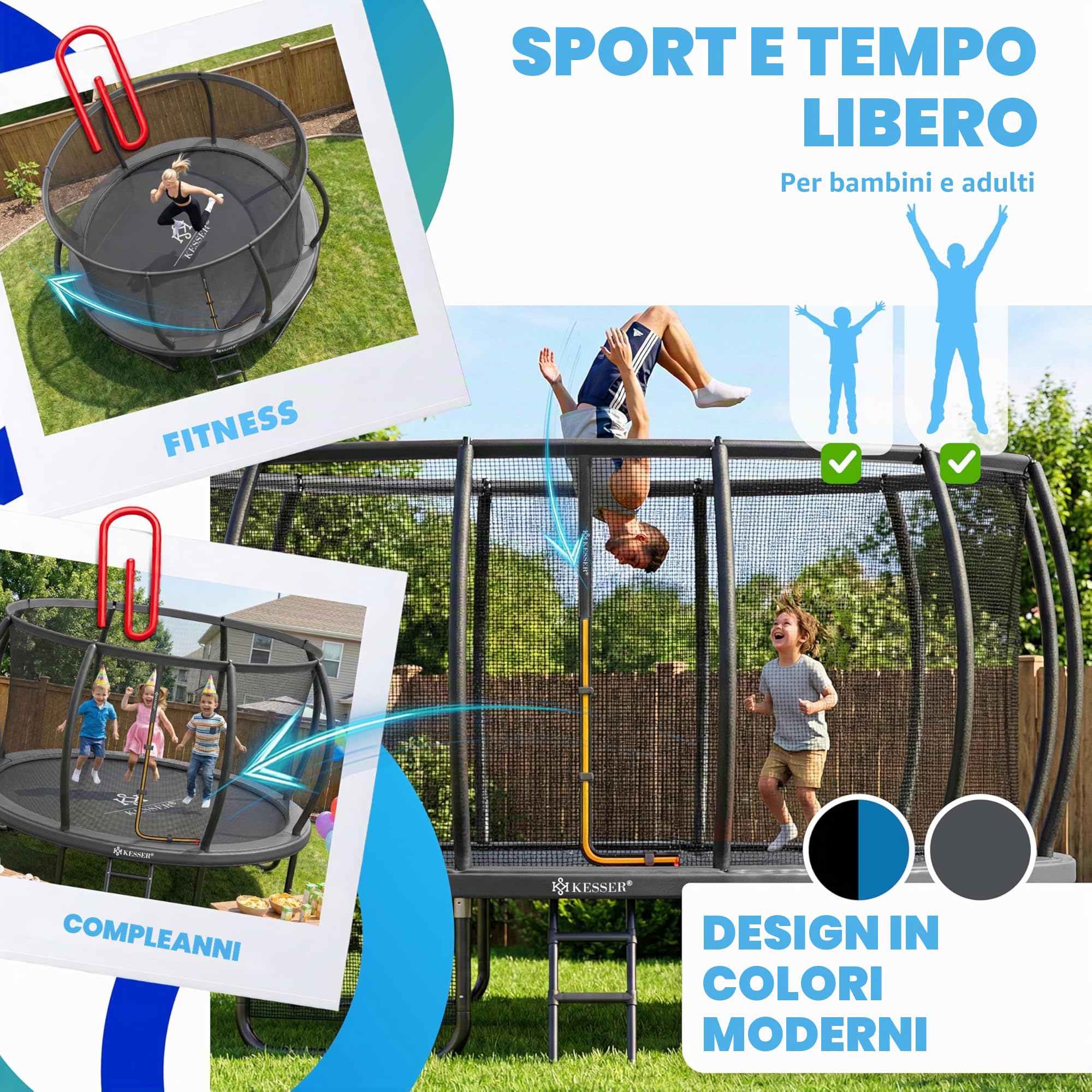 KESSER Trampolino esterno Ø 244/305/366/427 cm, certificato GS trampolino da giardino per bambini e adulti < 150 kg con rete di sicurezza, inclusa borsa, scala, copertura del bordo e aste in rete
