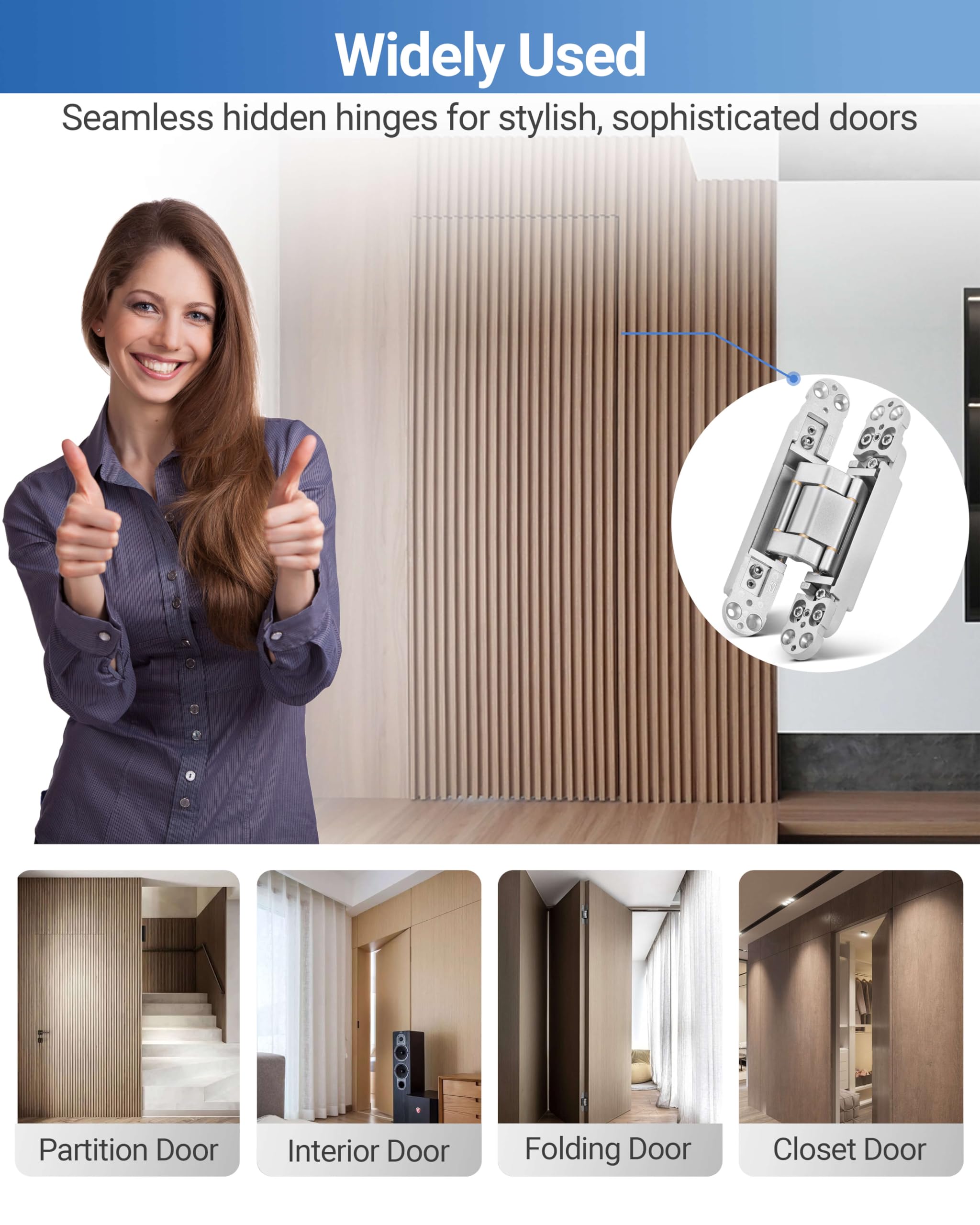 Bisagras de puerta invisibles (2 piezas) de bisagras ocultas plateadas de 7 pulgadas para puertas, 3 vías ajustables y oscilación de 180 grados y bisagra invisible de soporte de cobre mejorado,