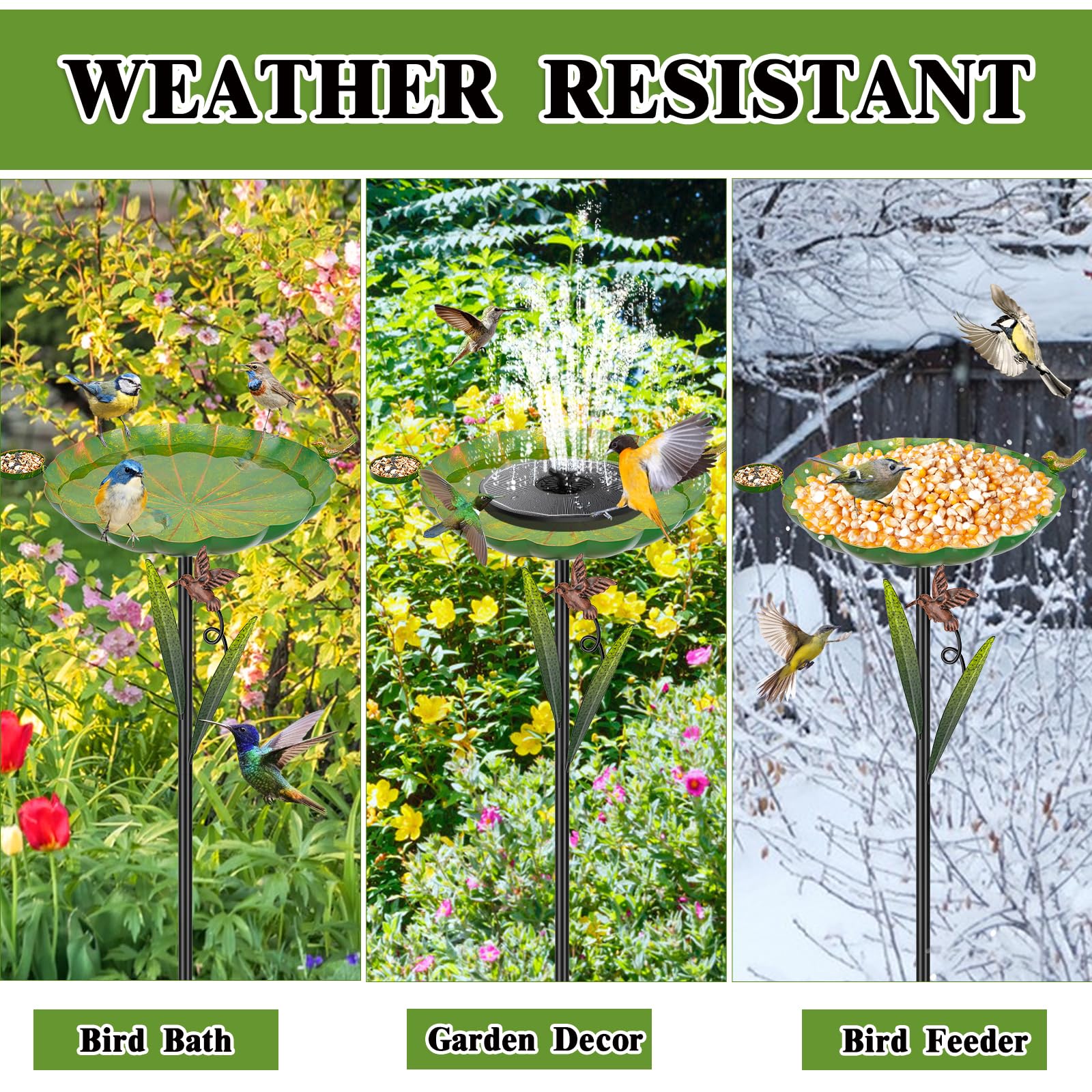 Baño de metal para pájaros para exteriores, base desmontable resistente de 5 puntas con cuenco y pájaros decorativos, comedero de hierro duradero para jardín, patio, decoración de patio (verde