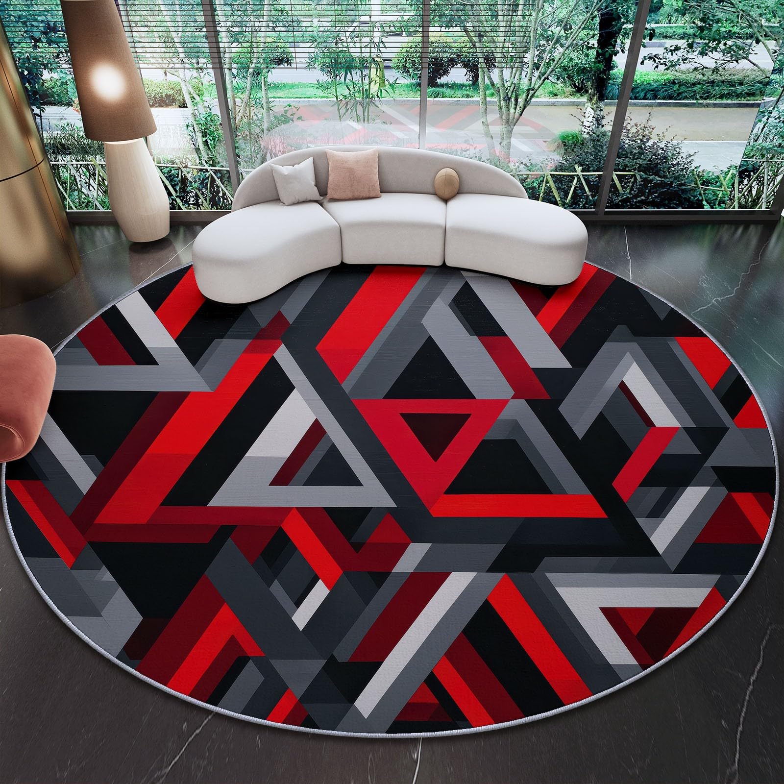 Runder Teppich 160 cm Geometrische Dreiecke - Rot Gräulich-Weiß - Waschbarer Wohnzimmerteppich rutschfest - Weiche Bodenmatte für Kinderzimmer, Esszimmer & Büro - Modernes Design