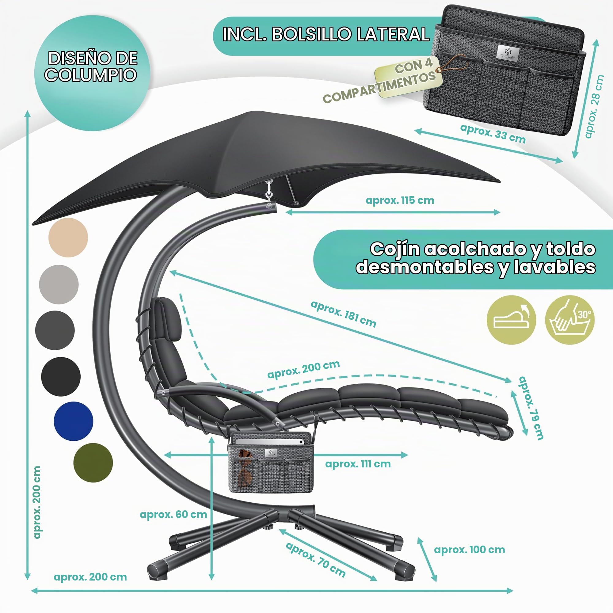 KESSER® Tumbona flotante con sombrilla, tumbona colgante, tumbona H200, L194, B100 cm, tumbona de relax, columpio, hamaca, soporta hasta 120 kg, cojines para el cuello, incluye bolsa