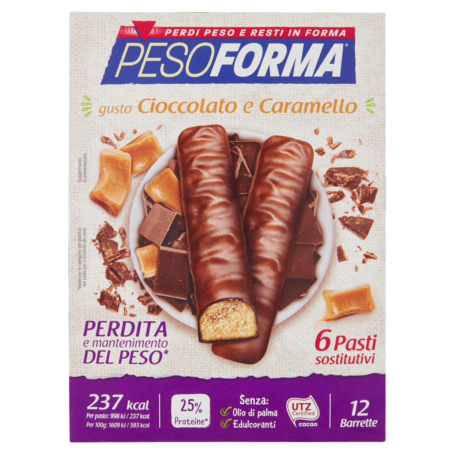 Pesoforma Barrette Cioccolato e Caramello, Pasto Sostitutivo Proteico, Barrette Per Il Controllo Del Peso, Barrette Proteiche per Restare in Forma, solo 237 Calorie, 12X31G