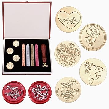 Wax Seal Stamp Set, Yoption Vintage Romantic Sealing Wax Stamp Kit, 5pcs Sealing Wax Stamps + 4 Wax Seal Sticks + 1 Wooden Hilt +1 Gift Box (Love Stamp Set)