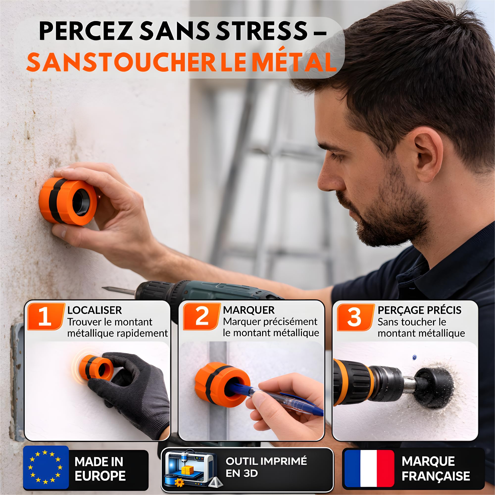 Aimant Puissant Néodyme pour Placo I Détecteur Rail et Montant Mur Sans Pile I Trouve Vis Cachées Cloison Sèche I Outil Compact Léger Plaquiste Électricien Plombier Peintre Bricoleur I 3D Print
