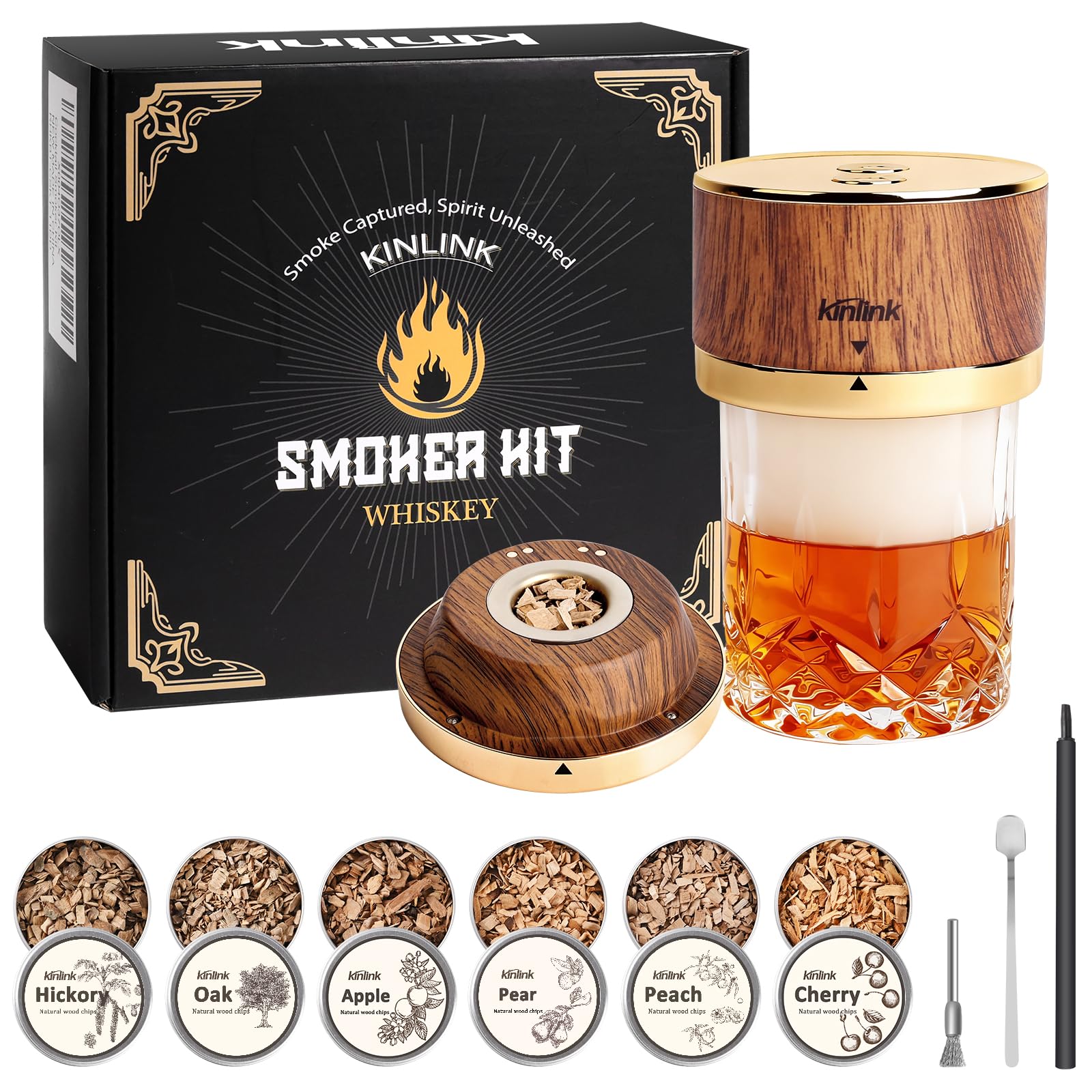 Electric Whiskey Smoker Kit - 7 Led Light, 6 Flavors Wood Chips, Gold Magnetic Old Fashioned Smoker Kit, Cocktail Whiskey Drink Smoke Bar Set, Gifts for Men Boyfriend Husband