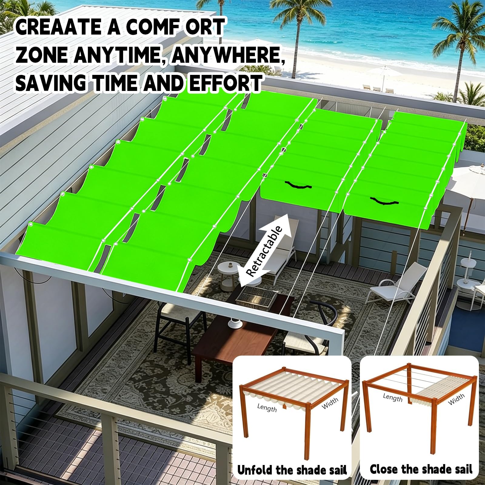 Toldo Retráctil de Onda 100 x 1000 cm Impermeable Ondulada Toldos Exterior Protección Rayos UV Resistente Al Desgarro con Ojales y Cuerdas para Jardín Porche Patio Barbacoa, Verde Tierno