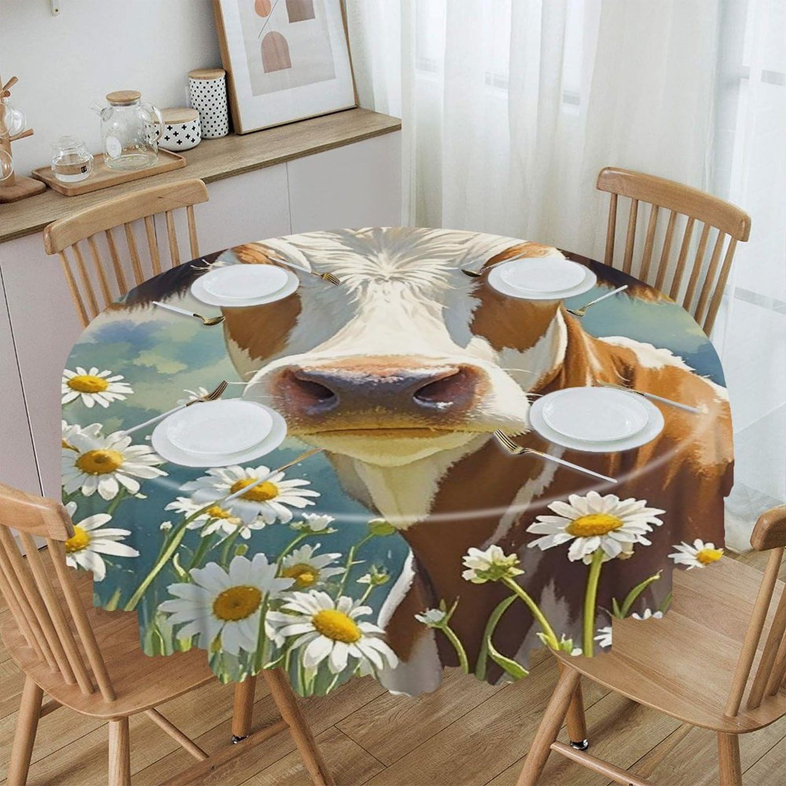 FekiLoot 60 Inch Round Watercolor Cow and Daisy Flower Tablecloth Waterproof Heavy Duty Polyester Table Cloth Spill-Proof Wipeable Table Cover Decorative Circle Dining Tablecover for Party Outdoor