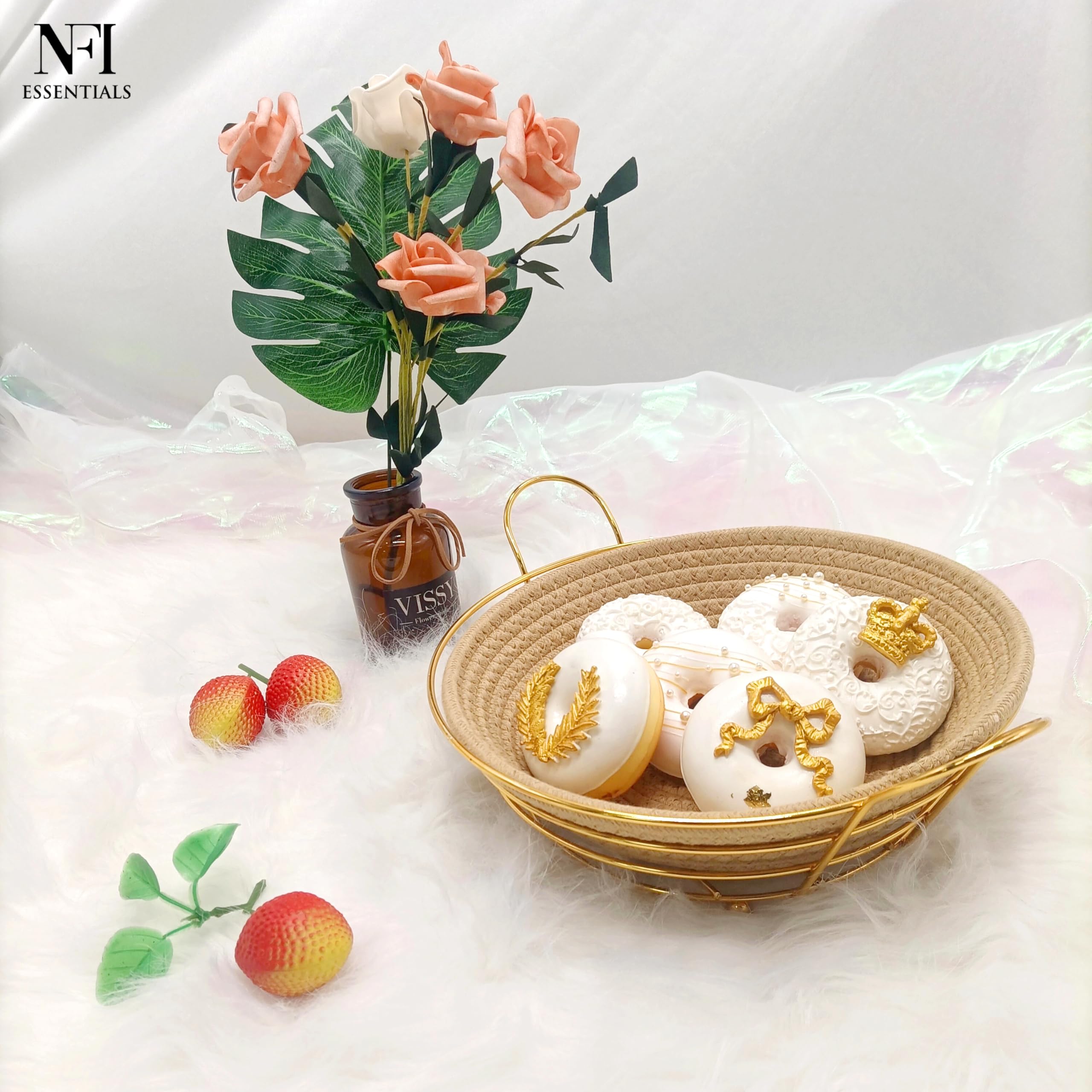 NFI essentials Handcrafted Decorative Fruit Basket with Golden Metal Frame & Woven Jute Base, Serving Bread Basket Elegant Storage Organizer for Home, Kitchen, Dining Table, Decor 2