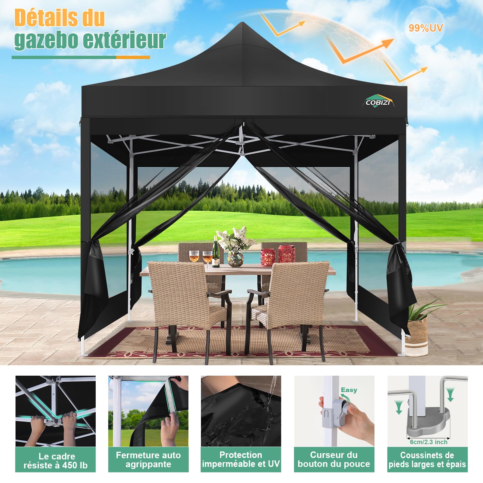 COBIZI Tonnelle Pliante 3x3 m imperméable et Stable | Protection UPF50+, 3 hauteurs réglables, 4 parois moustiquaires, tissu Oxford 420D robuste, avec sac de transport 800D