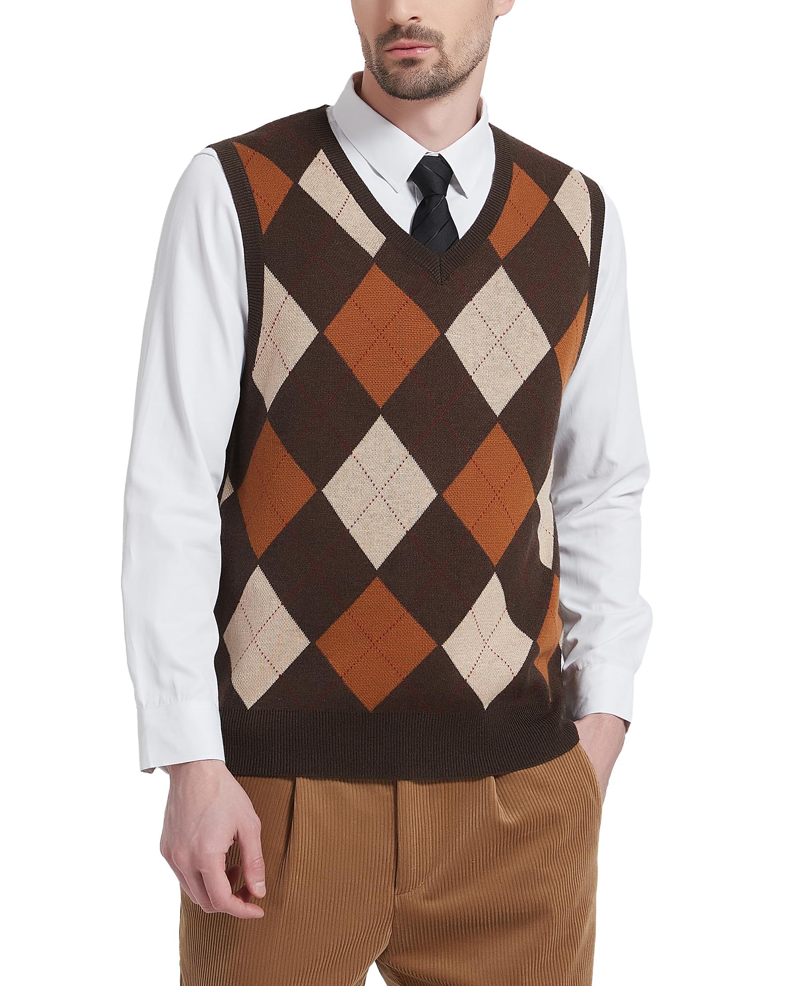 Kallspin Hommes Pull sans Manches Argyle Laine mélangée Gilets tricotés Pull à col en V Gilet Pullover