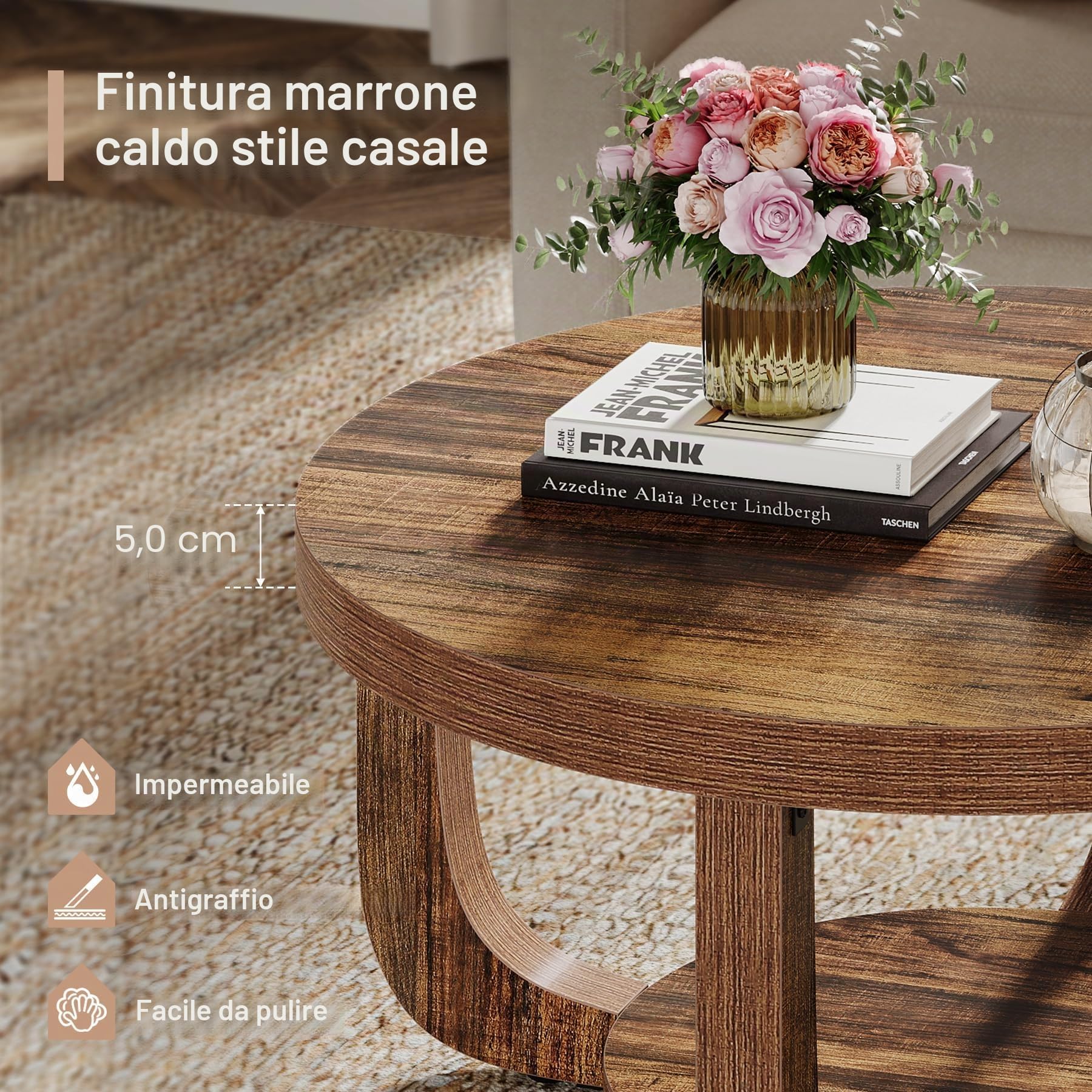 Tribesigns - Tavolino rotondo da caffè, tavolino a 2 ripiani con spazio di archiviazione, tavolino centrale in legno moderno per soggiorno, piano e base spessi, marrone rustico