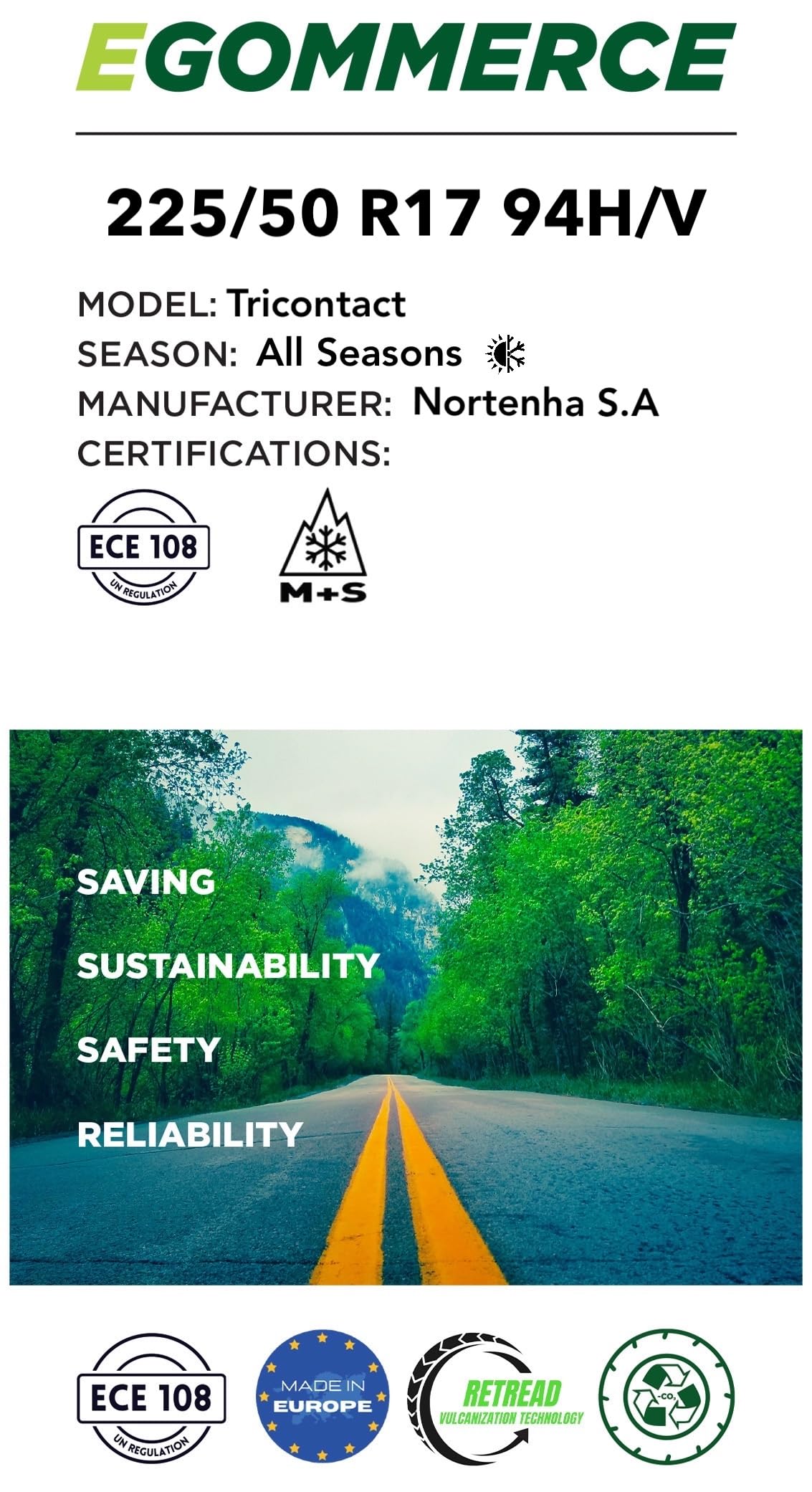 Nortenha - Neumático Coche TRICONTACT 225/50 R17 94H/V Todas las Temporadas Certificado M+S - Neumatico Ecofriendly con Garantía de 2 Años