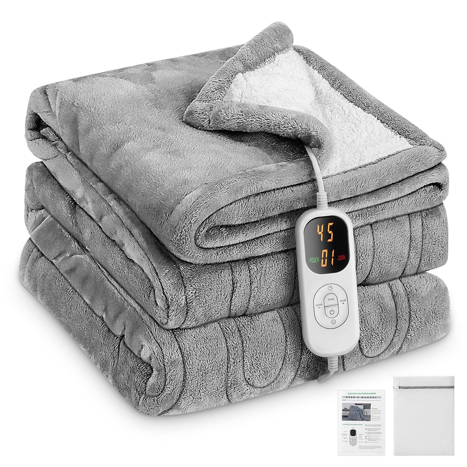 Electric Blanket, 130 x 180 cm Flannel Thermal Blanket with 8 Temperature Settings, 12H Timer, Auto Off, Machine Washable, Electric Blanket (Grey)