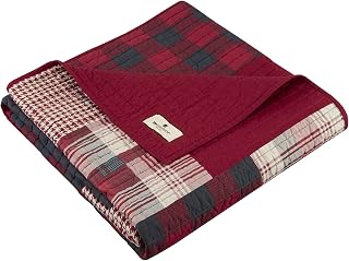 Woolrich Sunset Red Quilted Throw Blanket - Reversible Patchwork Moose Cabin Design, 100% Cotton Lightweight All-Season 50x70 Couch Sofa Layer