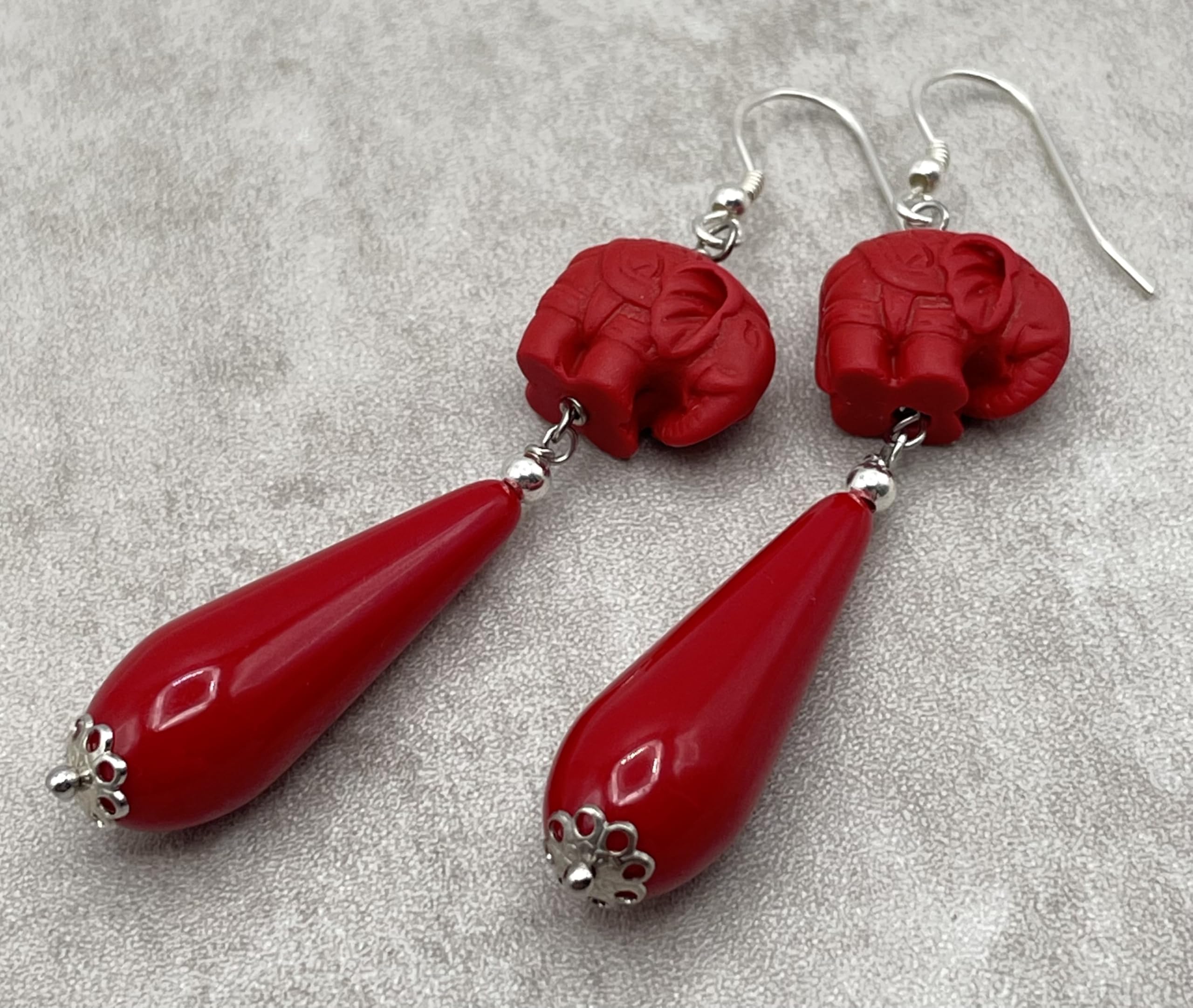 Orecchini con Elefanti in Lacca e Gocce Rosse, Pendenti in Argento 925, Gioielli Orientali, Bijoux Moderni, Regalo per Lei