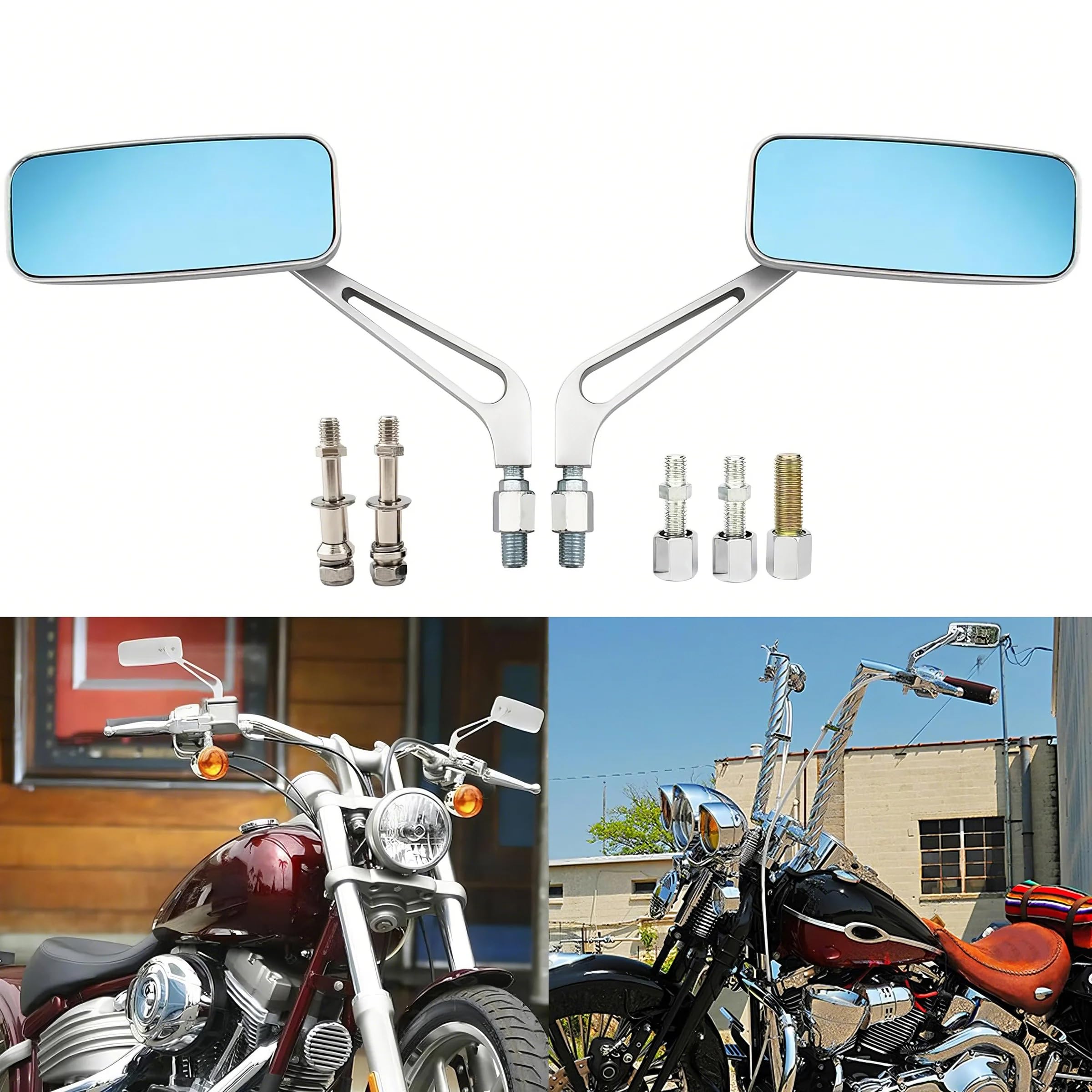 Chrom M8 M10 Motorrad Rechteckige Rückspiegel mit Blauen Gläsern, kompatibel mit Davidson Softail Sportster Chopper Bobber Touring Cruiser Street Bike Racer ATV