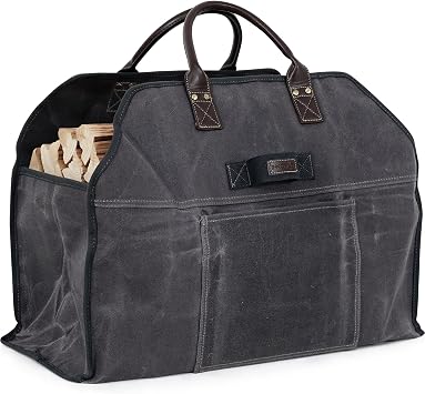 INNO STAGE Firewood Log Carrier Bag Waxed Canvas Tote Holder with Large Pocket for Gloves & Tools for Fireplace Hay Hauling Outdoor Camping, BBQ Barbecue Grey