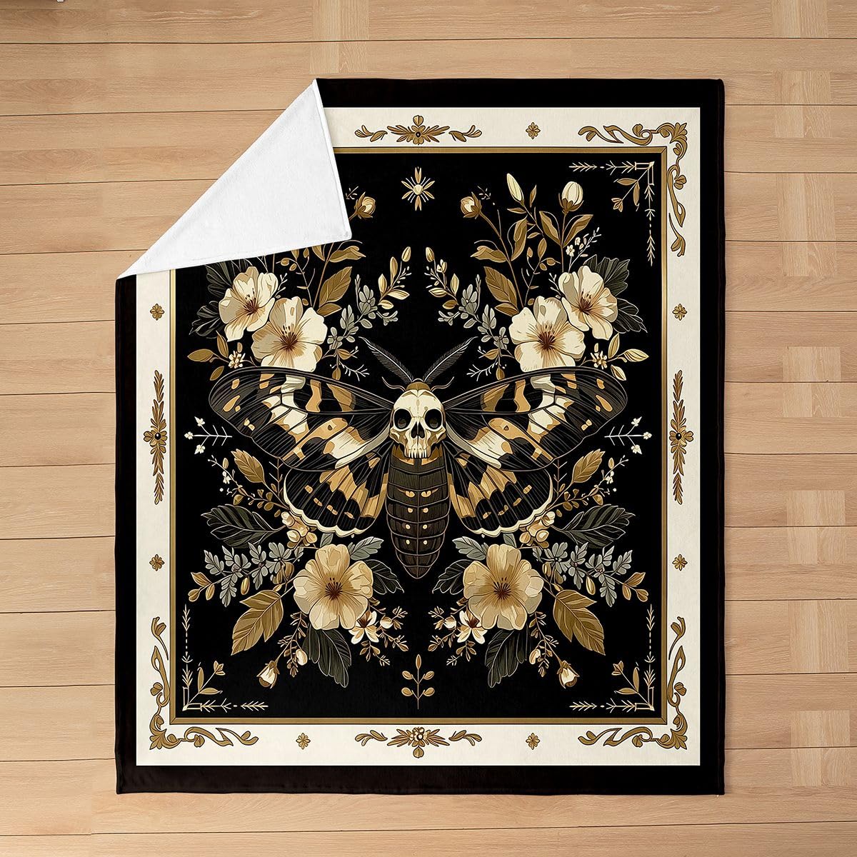 Homewish Czarno-biały koc flanelowy z ćmą śmiercią, podwójny, 152 x 203 cm, czaszka, dekoracyjny koc polarowy, dekoracje na Halloween, puszysty, pluszowy, kwiatowy styl, na łóżko, sofę, kanapę