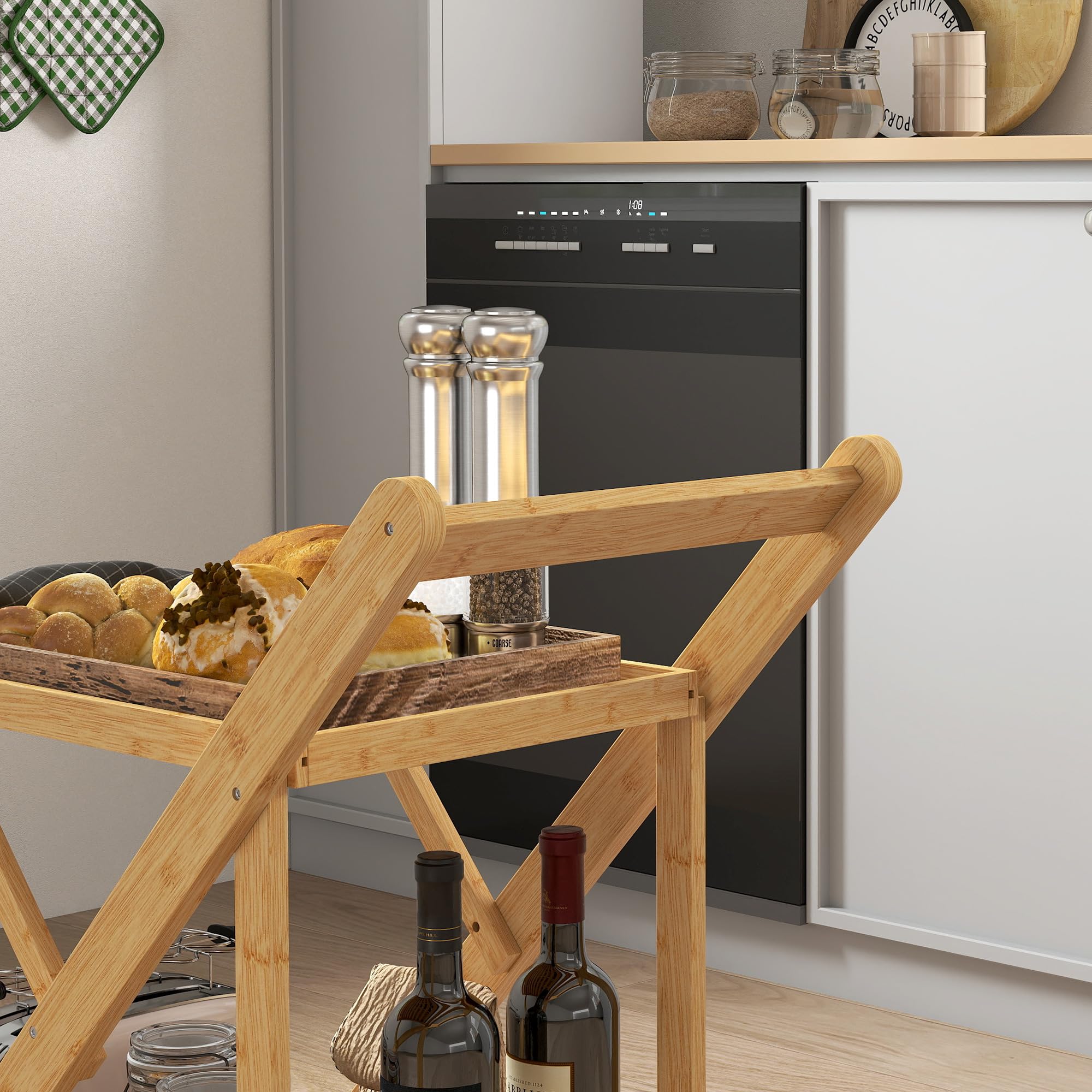 HOMCOM Desserte de Cuisine en Bambou, Chariot de Service Pliable, avec 2 Plateaux, 4 Roues, 3 casiers à vin, 66 x 40 x 70 cm, Bois Naturel