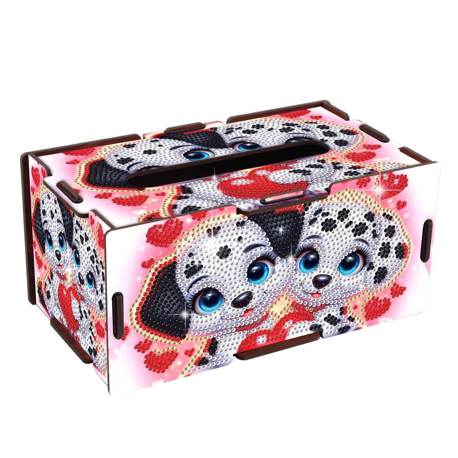 DIY Diamond Art Tissue Box – Wooden Rhinestone Craft Kit with Dalmatian Dog &amp; Red Heart Design, Cute Desktop Tissue Holder for Home Office Decoration