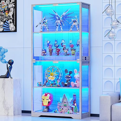 Display Cabinet with Glass Doors, 4-Tier Curio Cabinet with 3 Color Lights for Collectibles, Glass Display Case with Human Body Sensor, Bookcase with 4 Shelves, Storage Cabinets, Gray