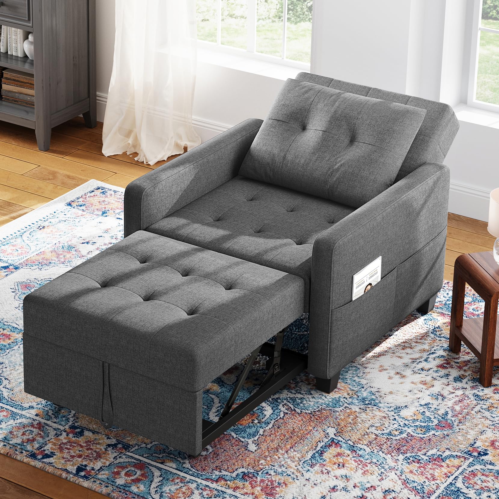 Vesgantti Schlafsessel mit Bettfunktion 3-in-1 Ausziehbares Schlafsofa Umwandelbarer Stuhl Bett Verstellbarer Einzelsessel mit Seitentasche, für kleinen Raum, Dunkelgrau