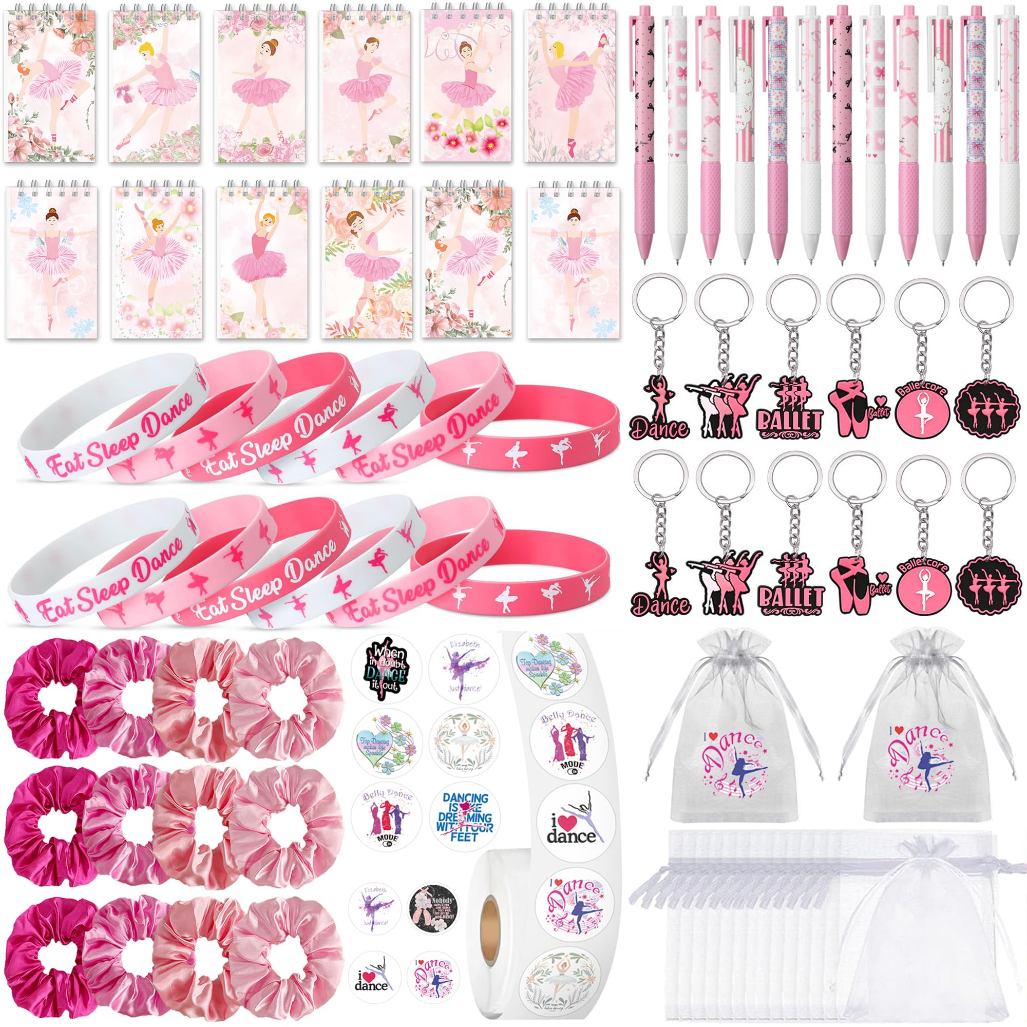 DMTMYPD 572PCS Ballerina Party Gifts Supplies with Pocket Notebooks Ballpoint Pens Keychains Silicone Bracelets Hair Scrunchies Stickers and Organza Bags for Dance Themed Birthday Party Decorations