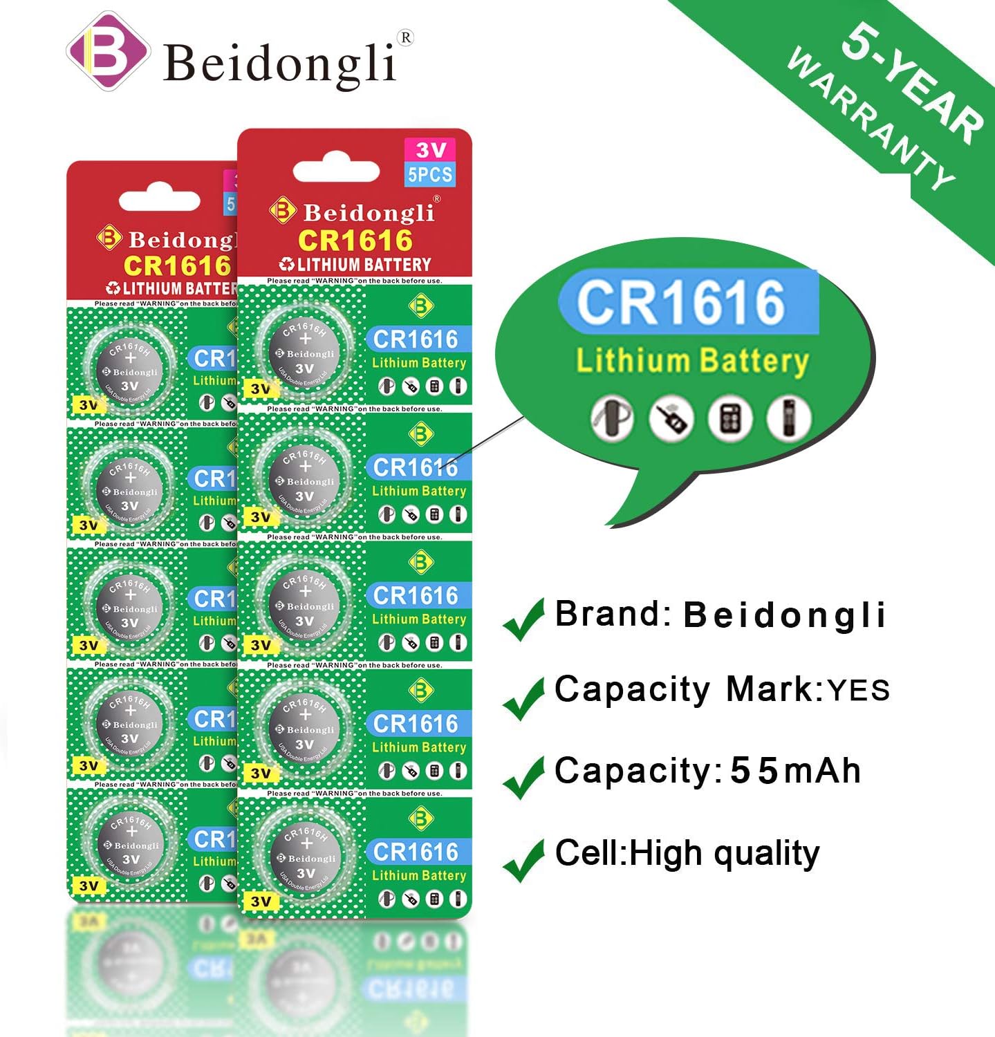 Beidongli CR1616 Battery 3V Lithium Battery Coin Button Cell 10 Pack 【5-Year Warranty】