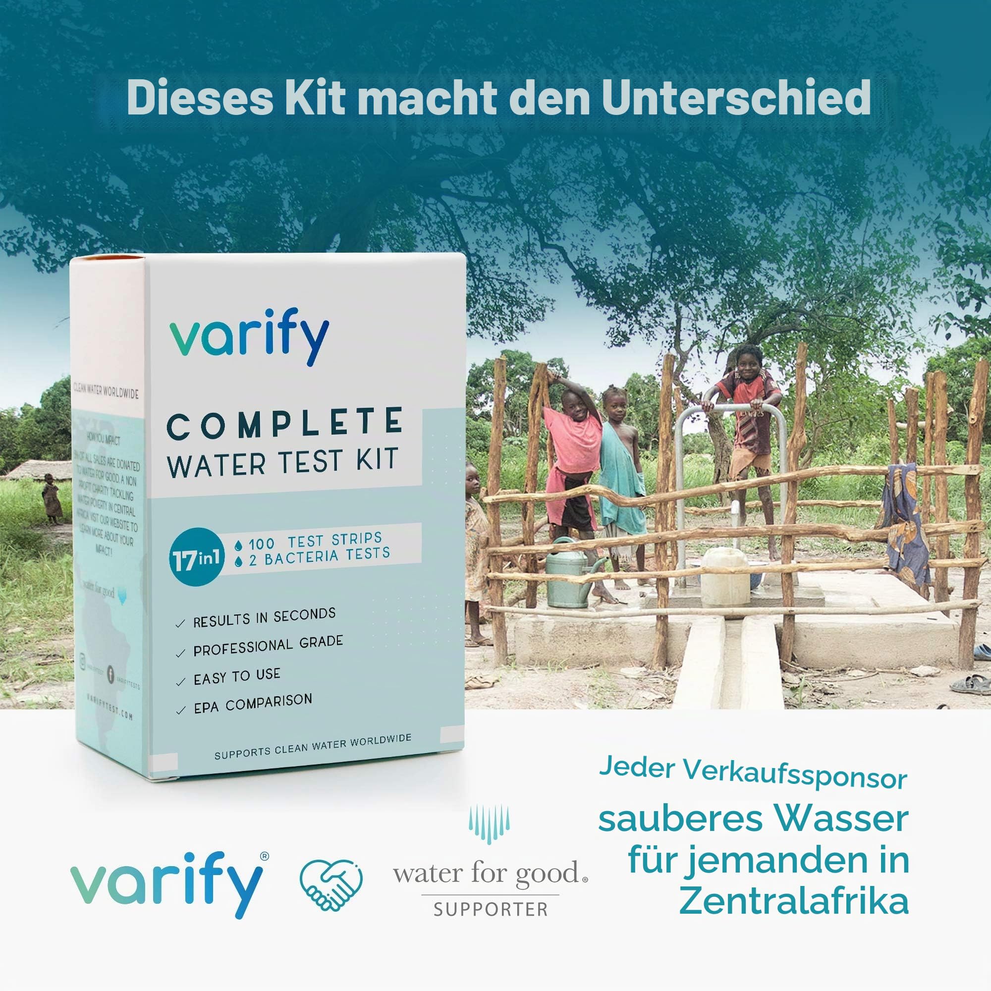 Varify 17-in-1 Komplett-Trinkwassertest-Set – 100 Streifen + 2 Bakterientest-Kits – Teststreifen für Brunnen-, Leitungs-, Haus- und Stadtwasser auf Blei, Alkali, Chlor, Härte, Eisen, Fluorid