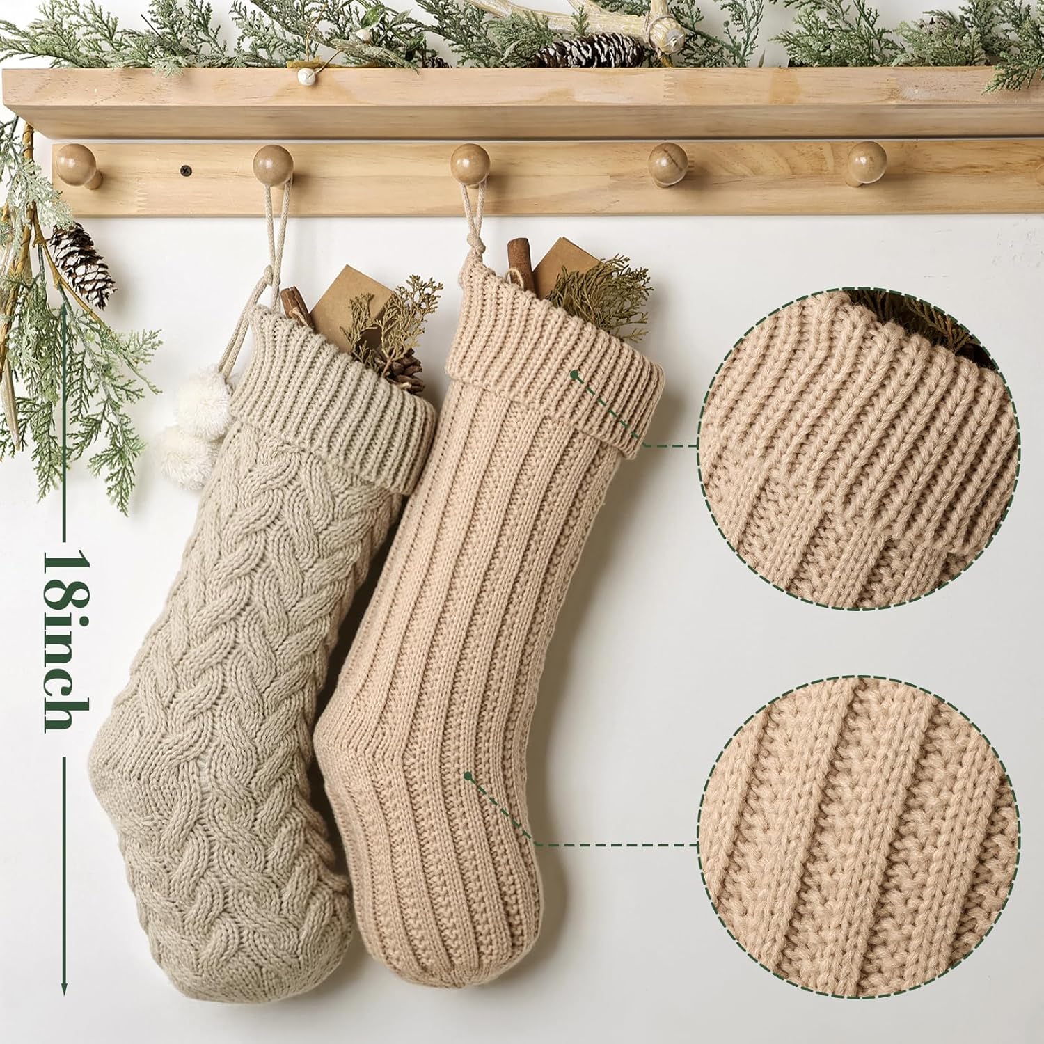 Christmas Stockings: 5 Pack 18 inch Farmhouse Plush Faux Fur & Cable Knitted Fireplace Xmas Stockings, Hanging Gifts Cozy Personalized Stocking Decorations for Family Holiday Décor, White Gray Beige - Image 3