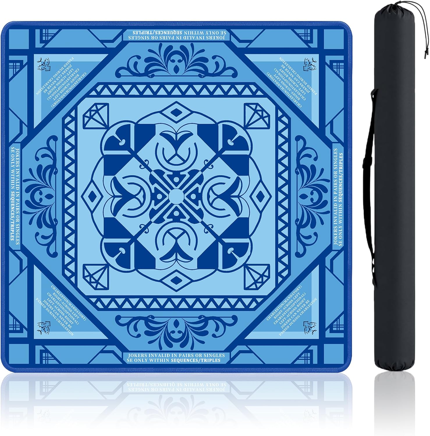 Mahjong Table Mat with Rules 31.5" x 31.5" Neoprene Rubber Square Blue Gaming Mat - Anti-Slip, Noise Reduction Durable & Easy to Clean for Mahjong Tiles, Poker, Dominoes & Board/Tile Games (Blue)