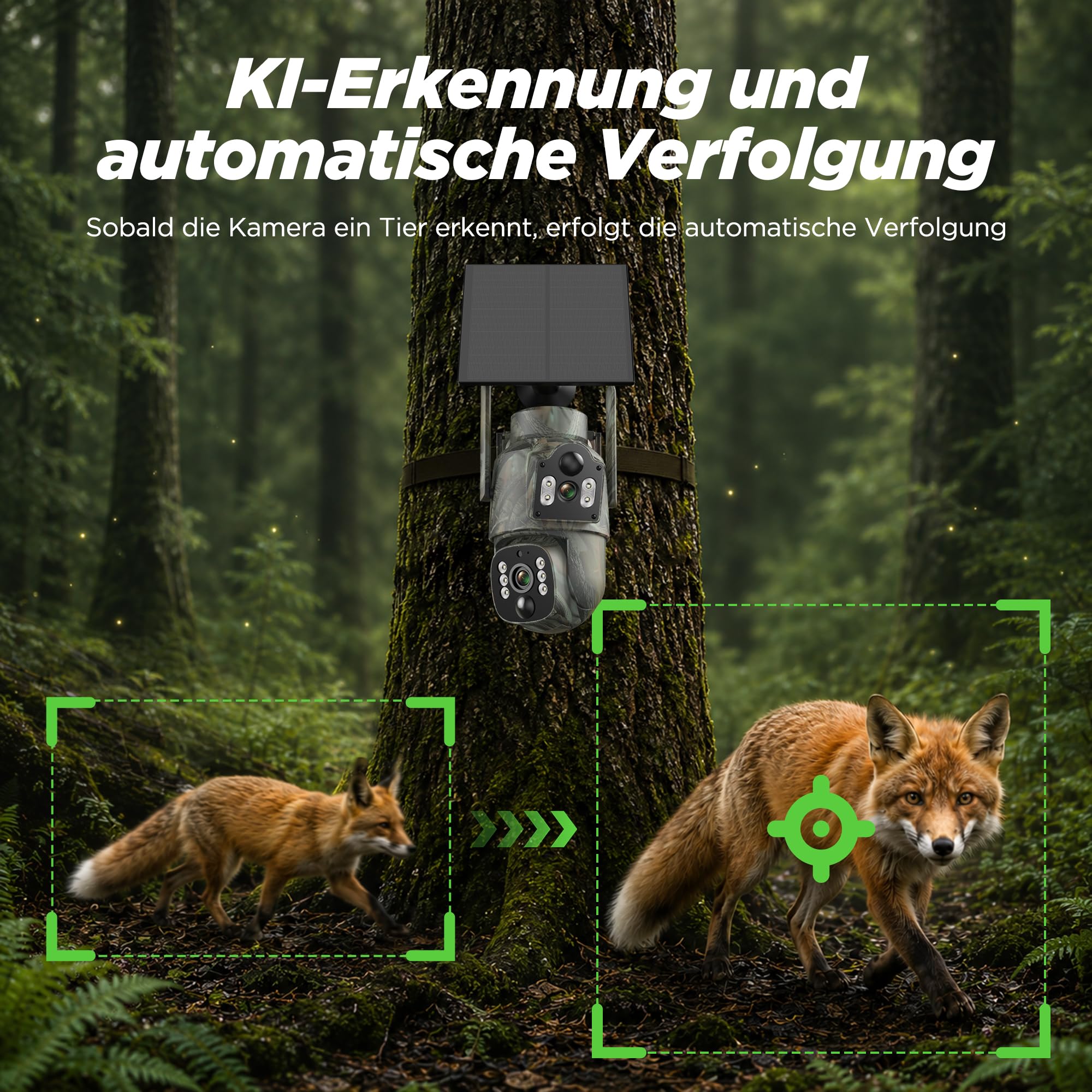 VOOPEAK 4G LTE Wildkamera mit SIM-Karte, Dual-Objektiv, 2K Livebild, Solar