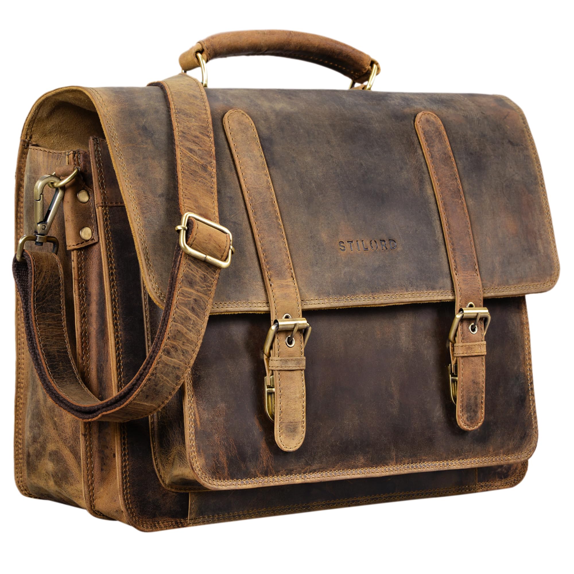 STILORD "Andro" teczka nauczycielska skórzana vintage torba na ramię z 14-calową przegrodą na laptopa torba biznesowa na szerokie pliki DIN A4 prawdziwa skórzana teczka Kolor:średni brąz