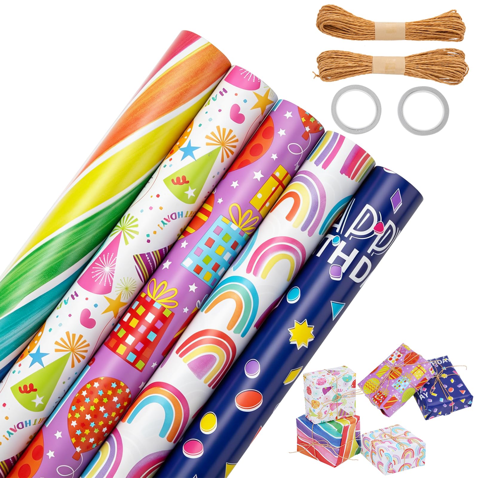 Ronvir 5 Roll Wrapping Paper,43cm x 3m Birthday Gift Wrapping Paper Roll, Colorful Gift Wrapping Paper for Birthday Party Graduation Men Women Girls Boys, with 2x Tape Gift Wrap & 2x Jute String