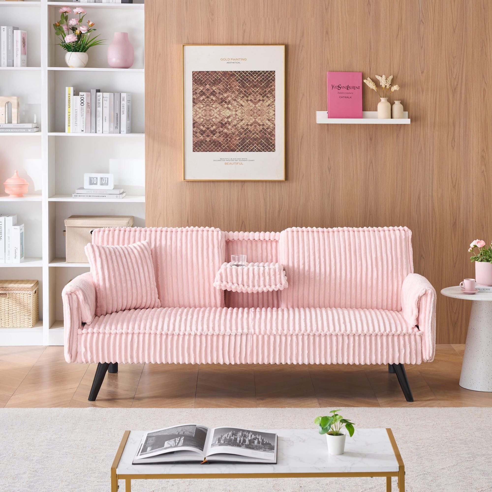 Minimalist Style Loveseat Sofa Straight-Line Corduroy Love Seat Couches with Retractable Cup Holder and Adjustable Backrest for Sitting