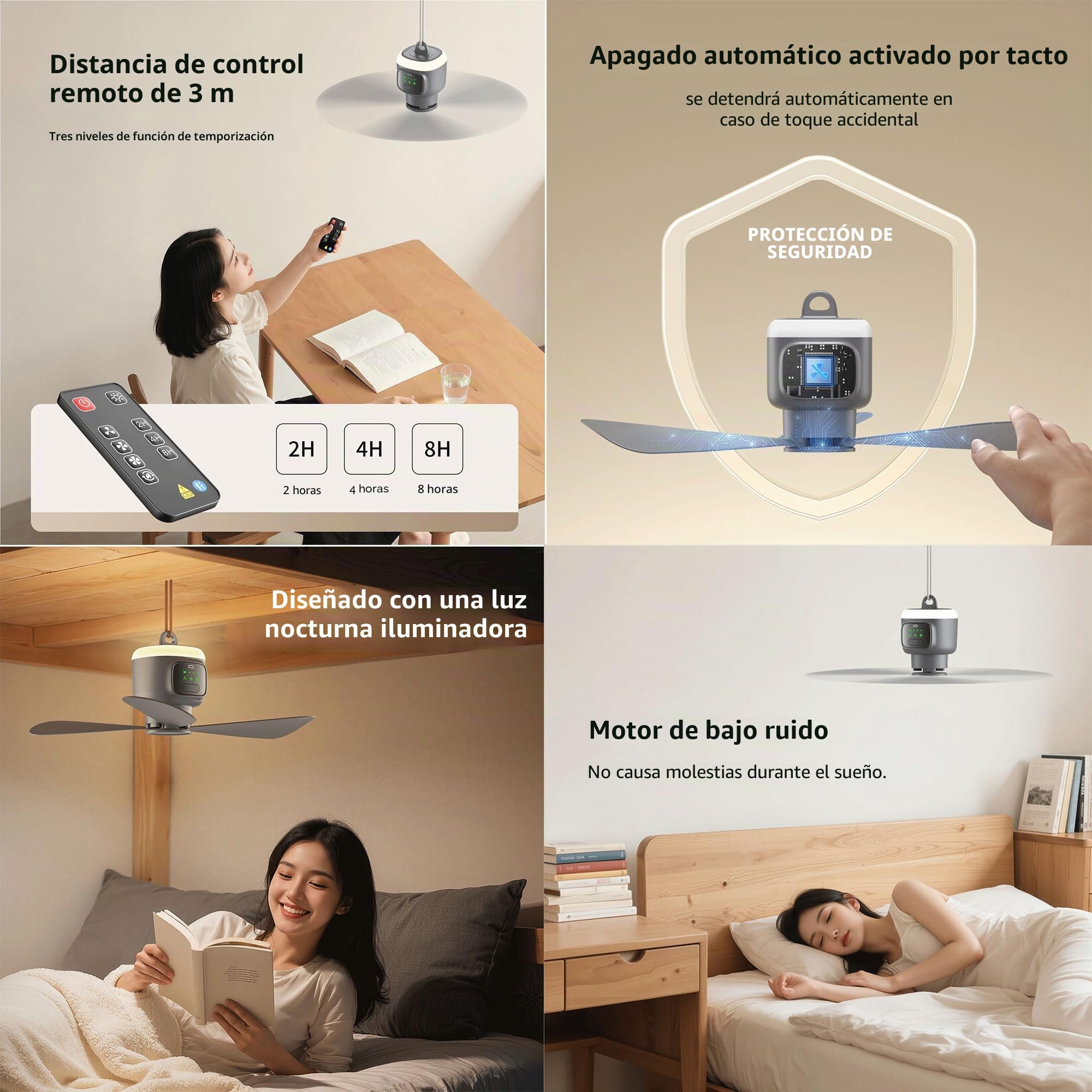 VVU&CCO Ventilador de techo inalámbrico para exteriores con mando a distancia, batería de 12000 mAh, ventilador de techo con luz, 4 niveles de velocidad, temporizador para exteriores, tienda de