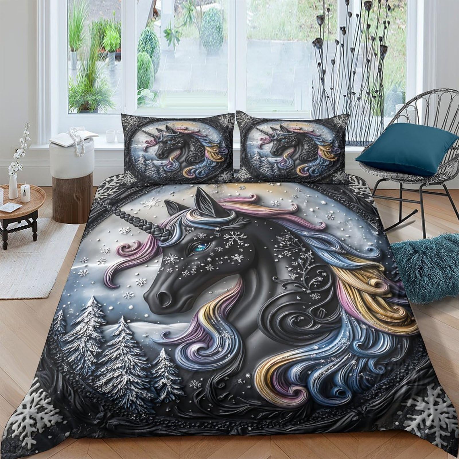 Ctjqhvkz Style-1 3D Printed Mystical Black Unicorn Fitted Sheet Microfiber Soft Bed Cover Rainbow Forest Bedroom Decor Single（135X200cm）